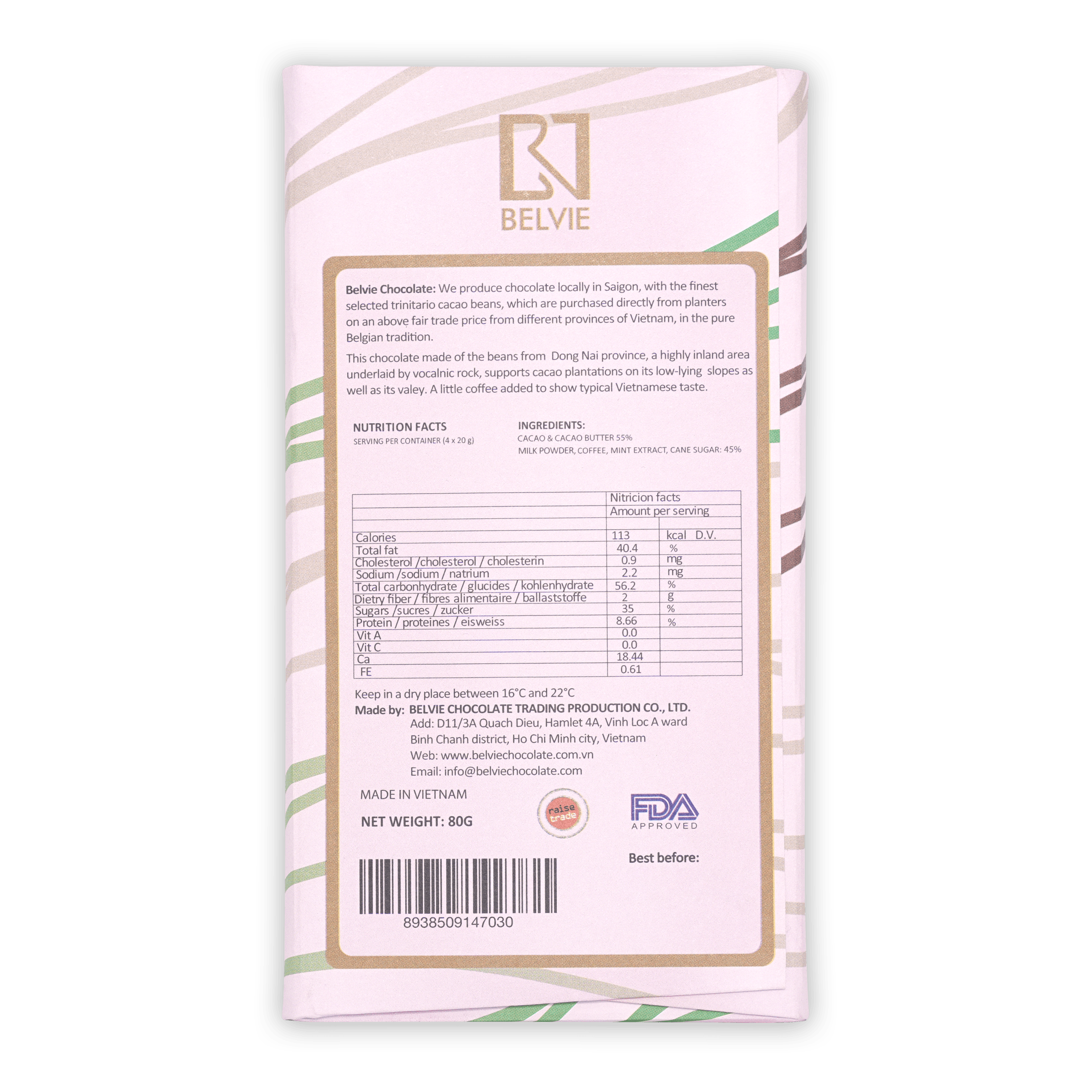 Belvie Dark Milk w/ Coffee Mint & Nibs 55% bar in white wrapper with green beige stripes