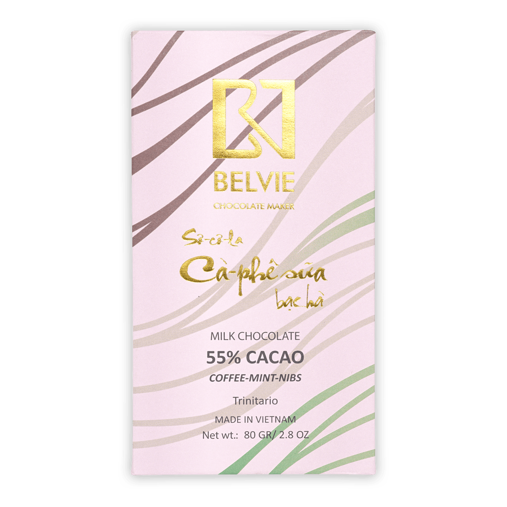 Belvie Dark Milk 55% coffee mint nibs bar with pink gold zebra design