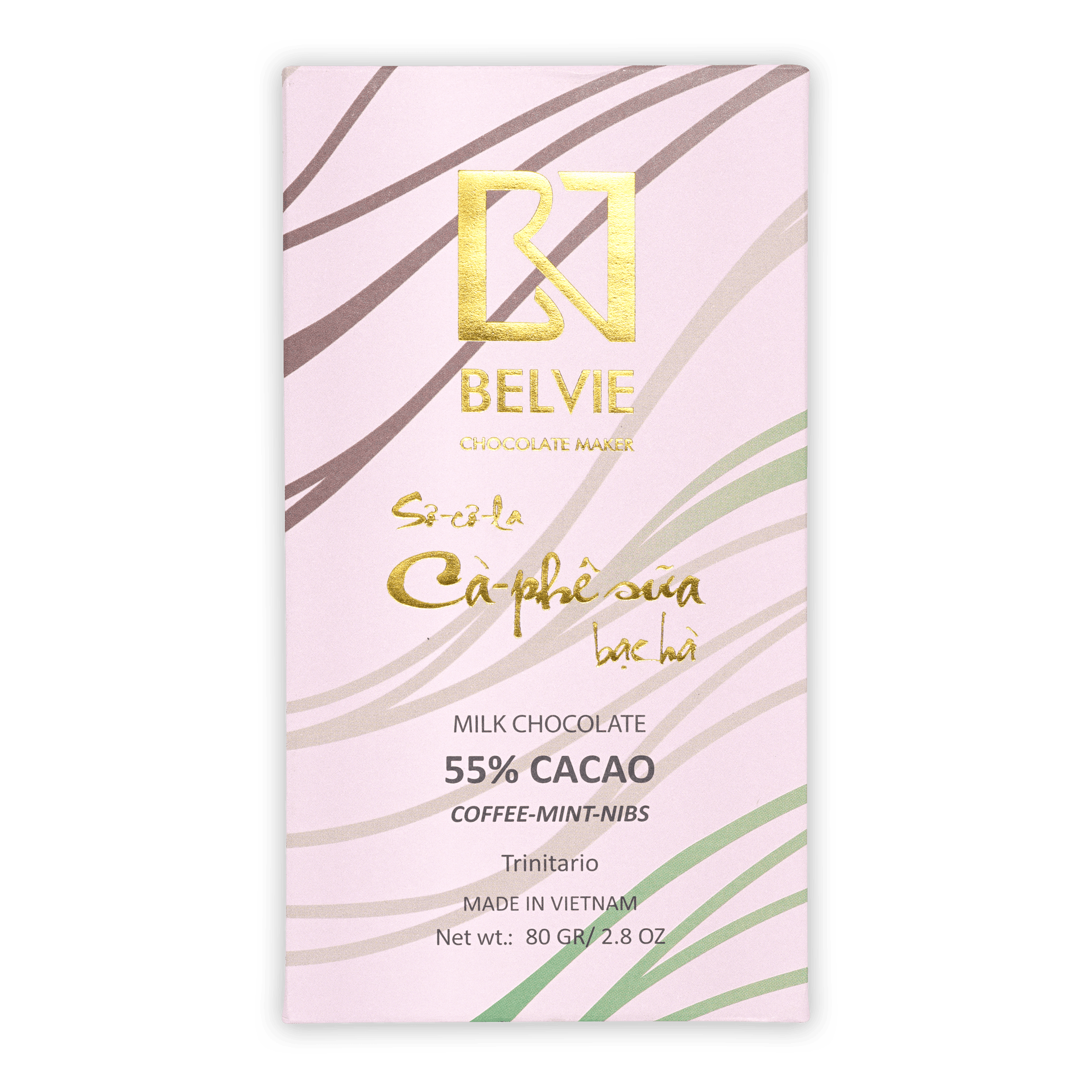Belvie Dark Milk 55% coffee mint nibs bar with pink gold zebra design