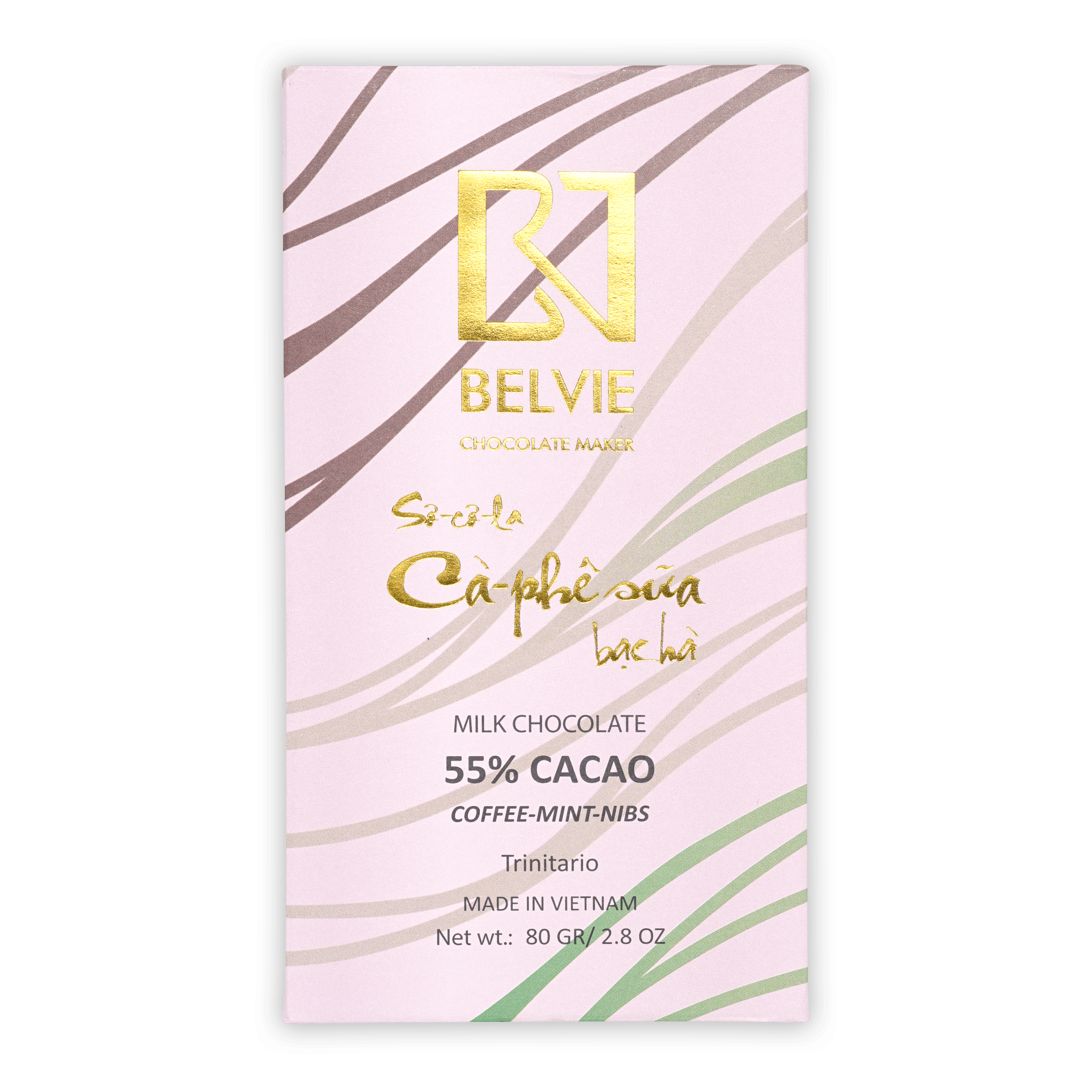 Belvie Dark Milk 55% coffee mint nibs bar with pink gold zebra design