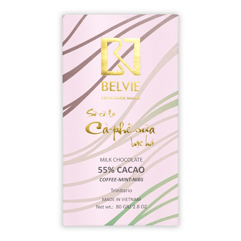 Belvie Dark Milk 55% coffee mint nibs bar with pink gold zebra design