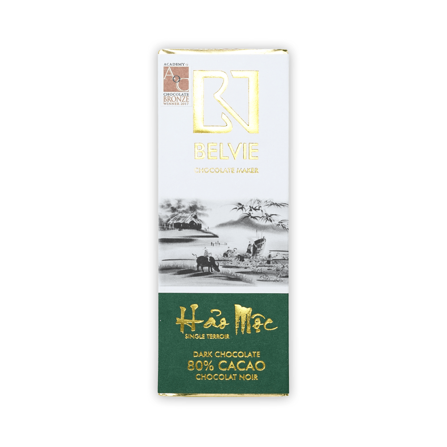 Belvie Mini Chocolate Bars Hao Moc 80% white-green wrapped bar with gold foil