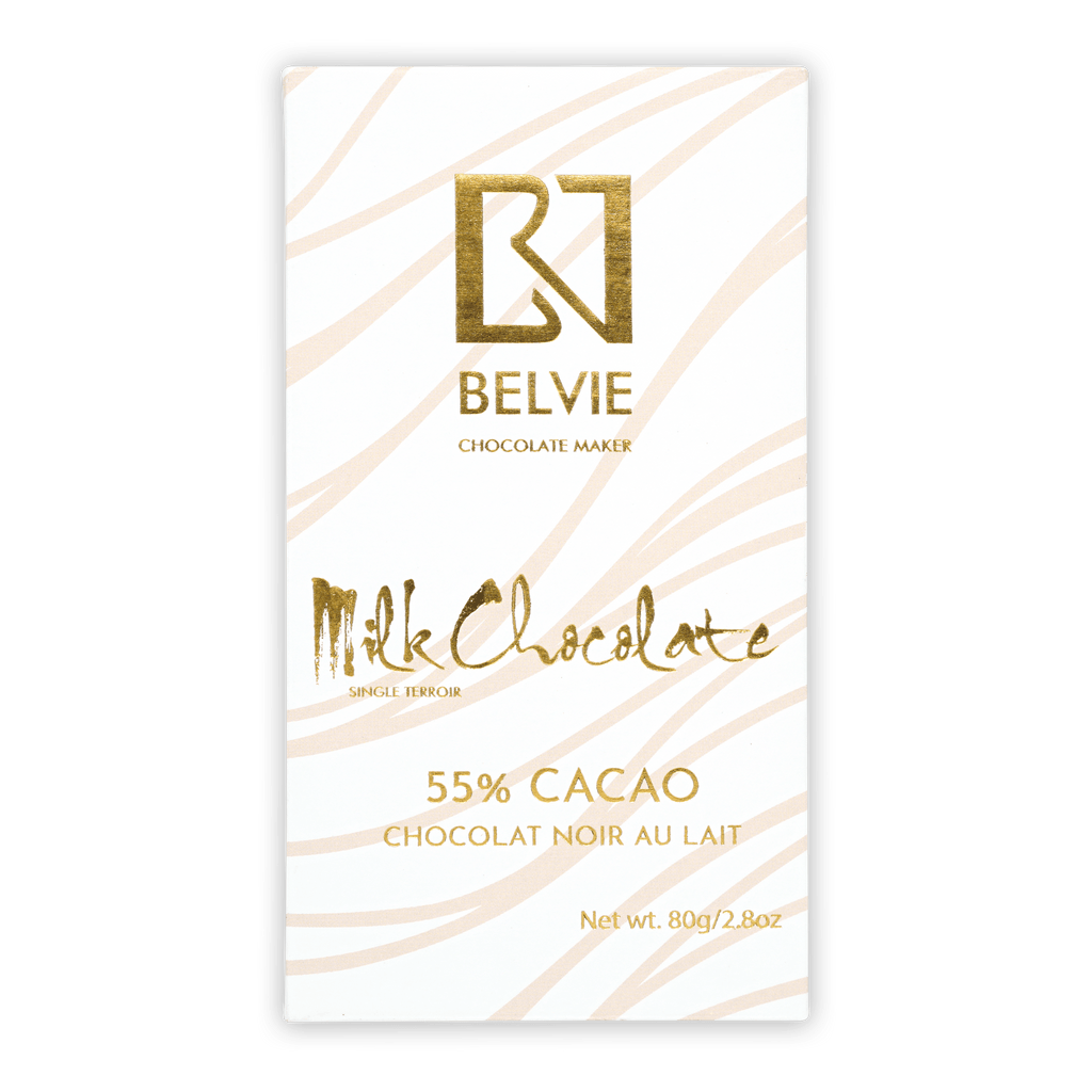 Belvie Milk Chocolate 55% cacao bar in white gold zebra wrapper