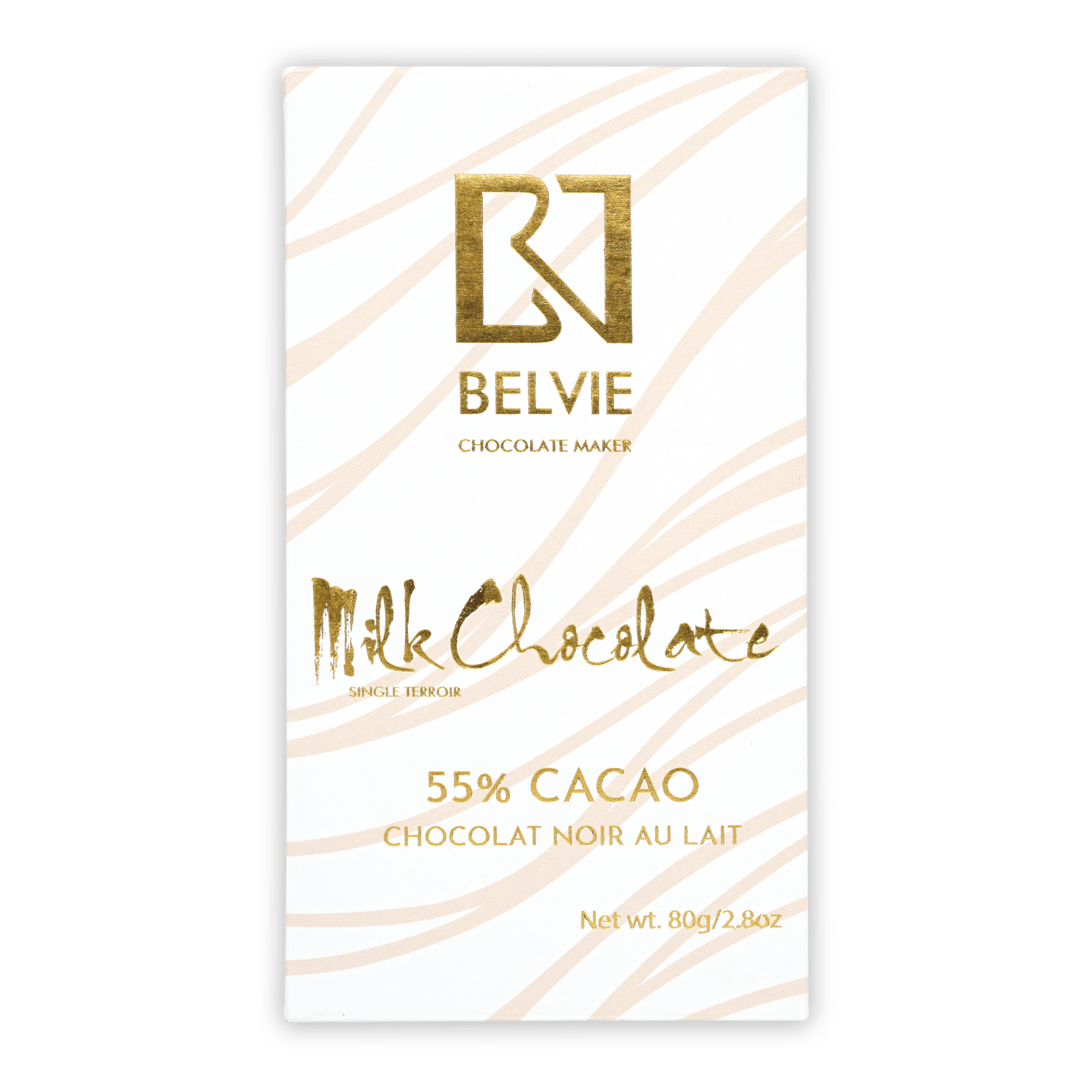 Belvie Milk Chocolate 55% cacao bar in white gold zebra wrapper