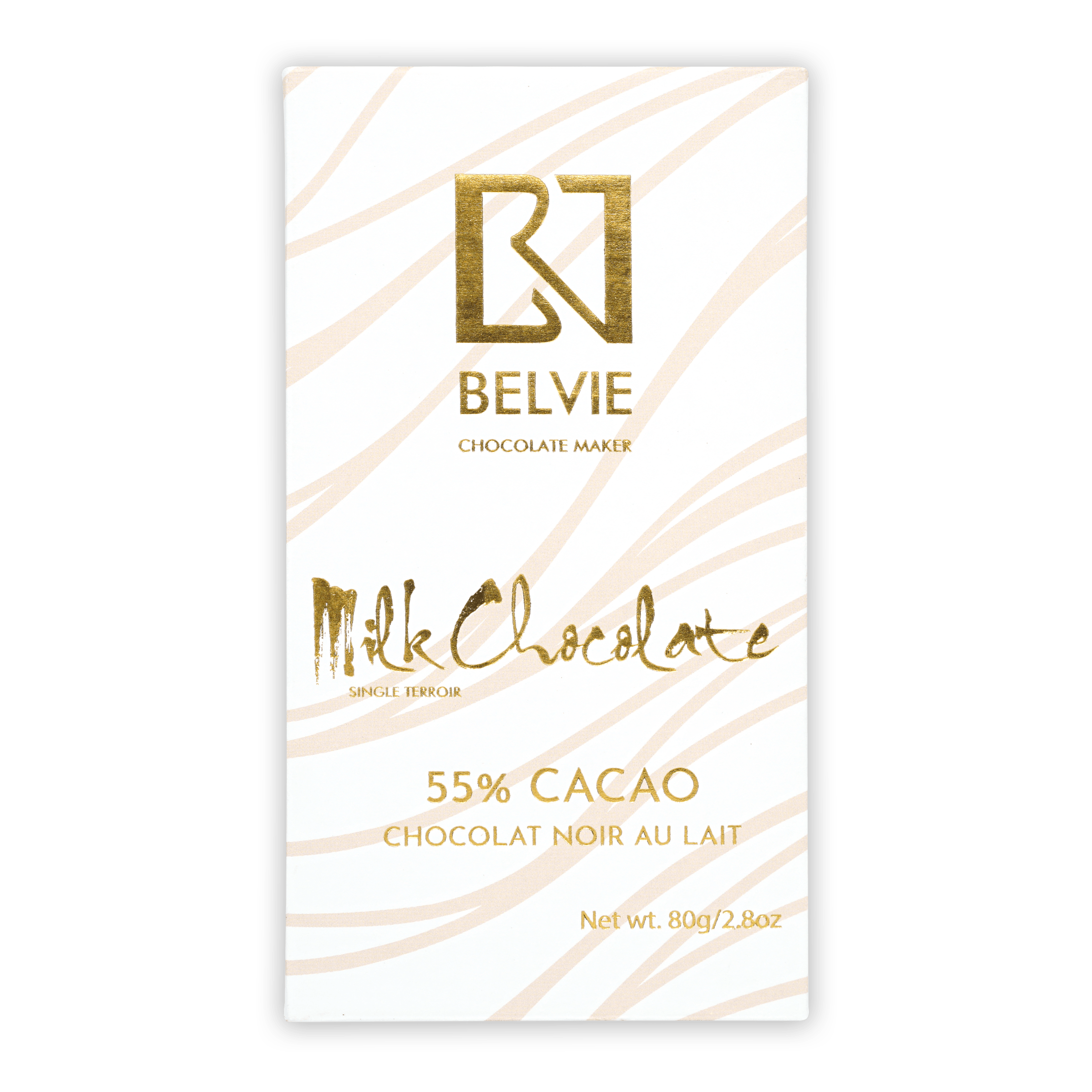 Belvie Milk Chocolate 55% cacao bar in white gold zebra wrapper