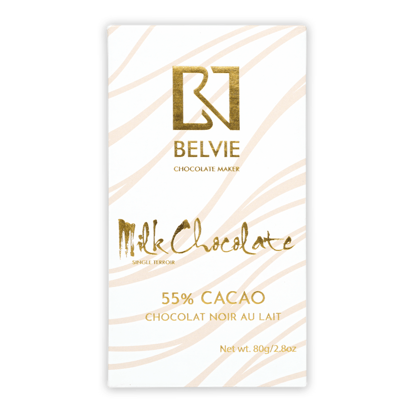 Belvie Milk Chocolate 55% cacao bar in white gold zebra wrapper