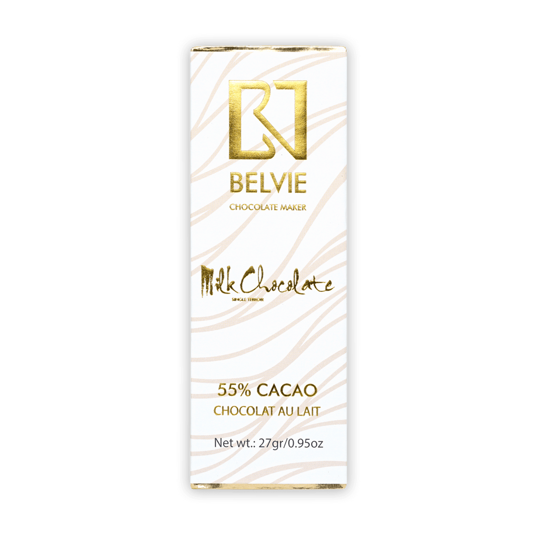 Belvie Mini Milk Chocolate Bar 55% with white gold zebra stripes