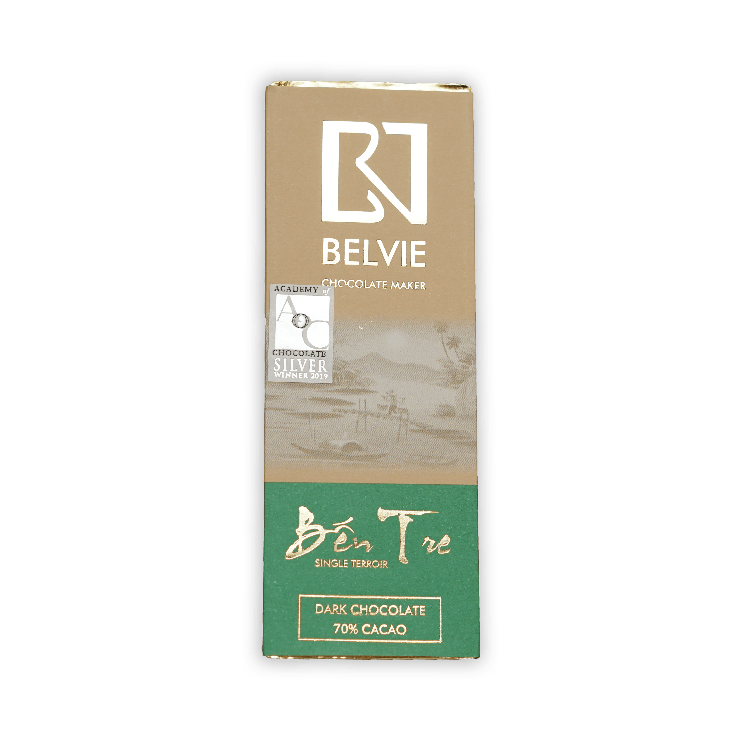 Belvie Ben Tre 70% dark chocolate bar in brown green wrapper