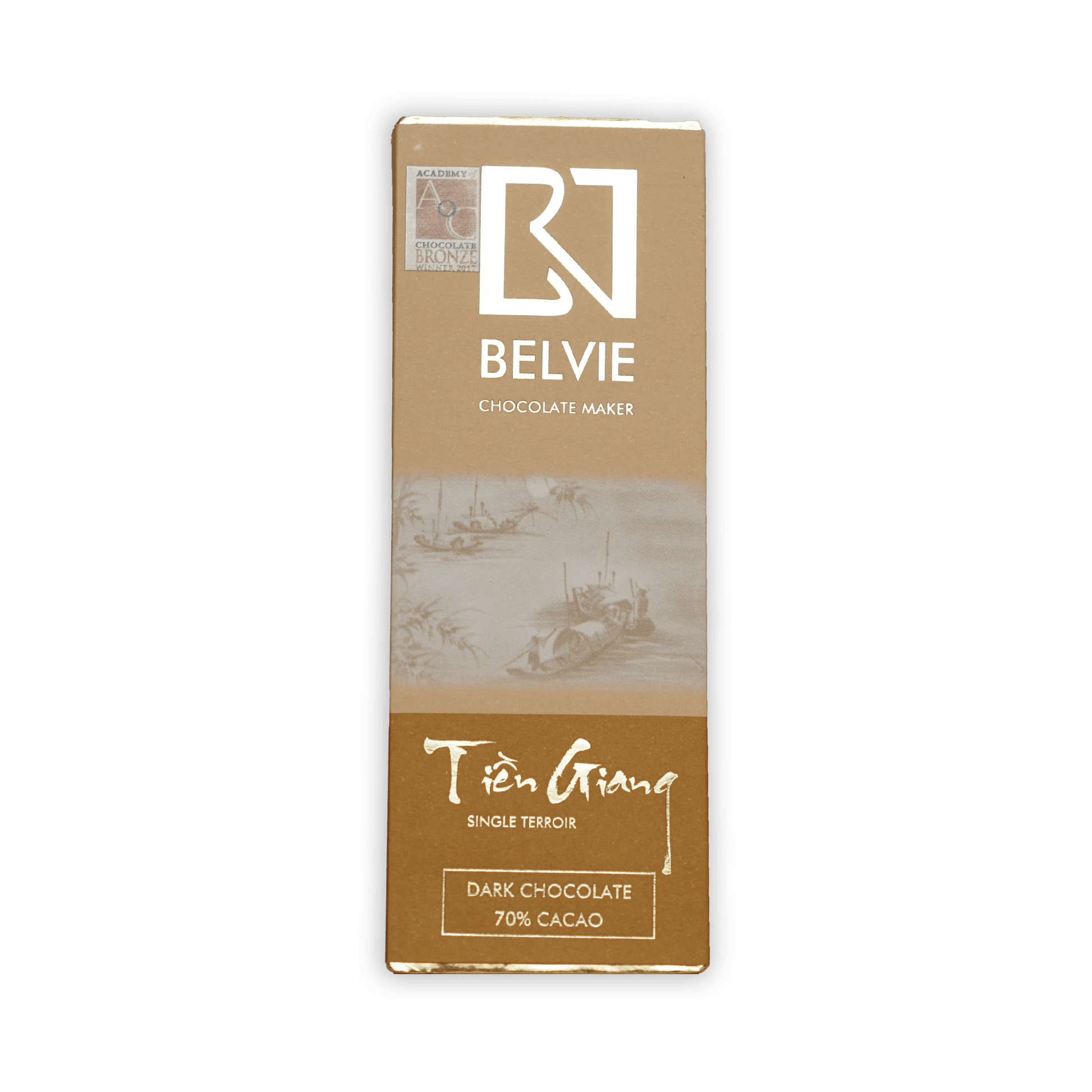 Belvie Mini Chocolate Bars Tien Giang 70% dark cacao in tan wrapper