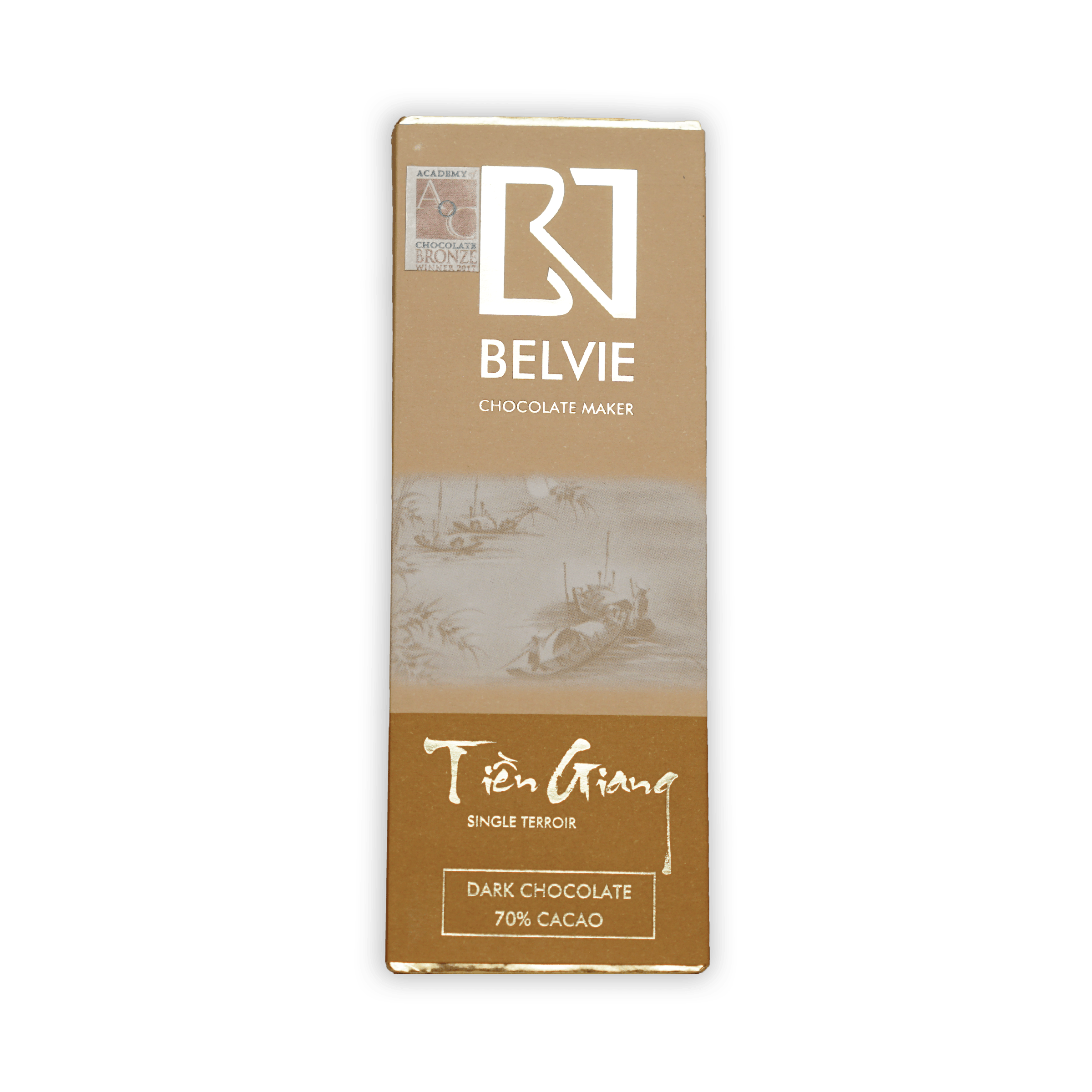 Belvie Mini Chocolate Bars Tien Giang 70% dark cacao in tan wrapper