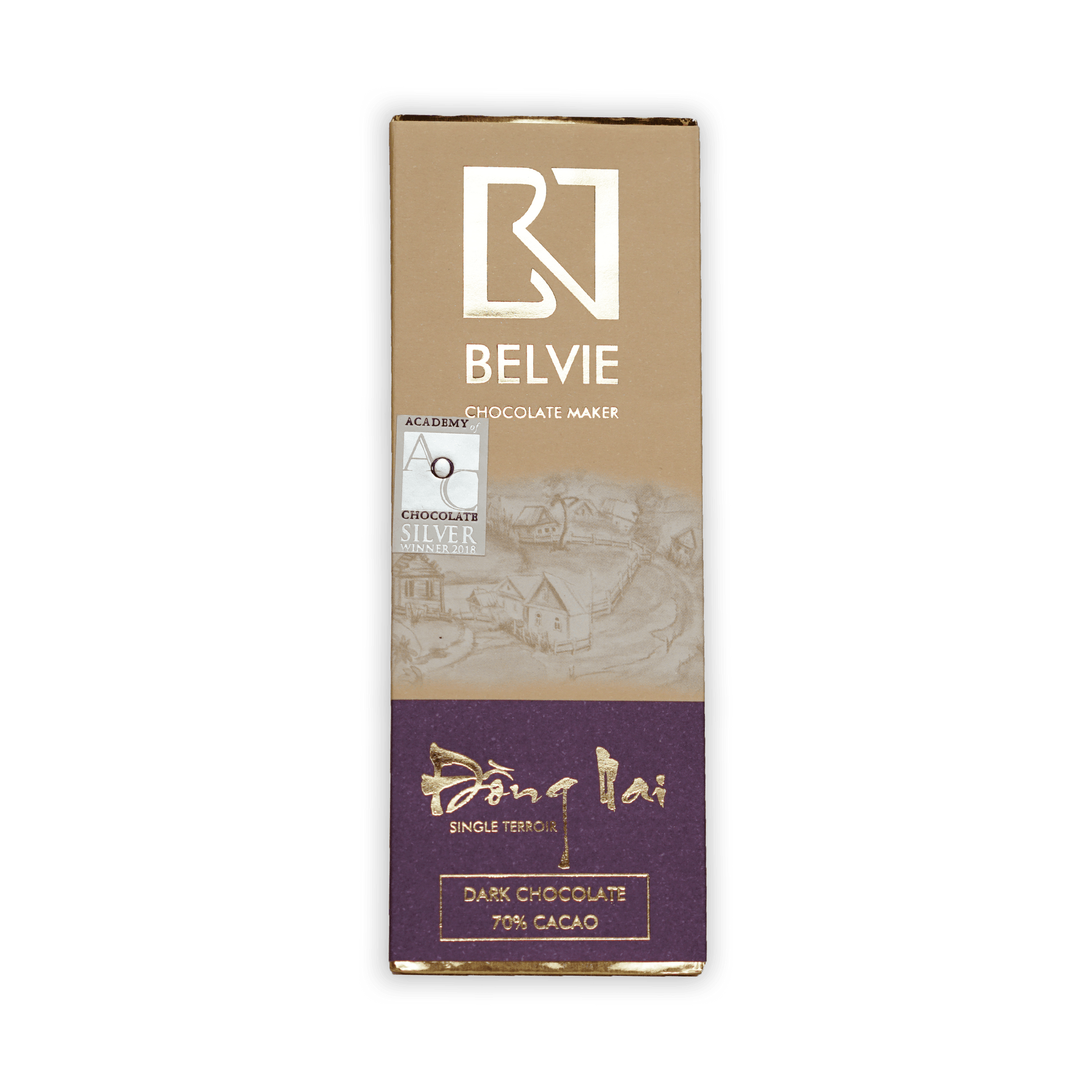 Belvie Mini Chocolate Bars Dong Nai 70% dark chocolate bar in beige purple wrapper