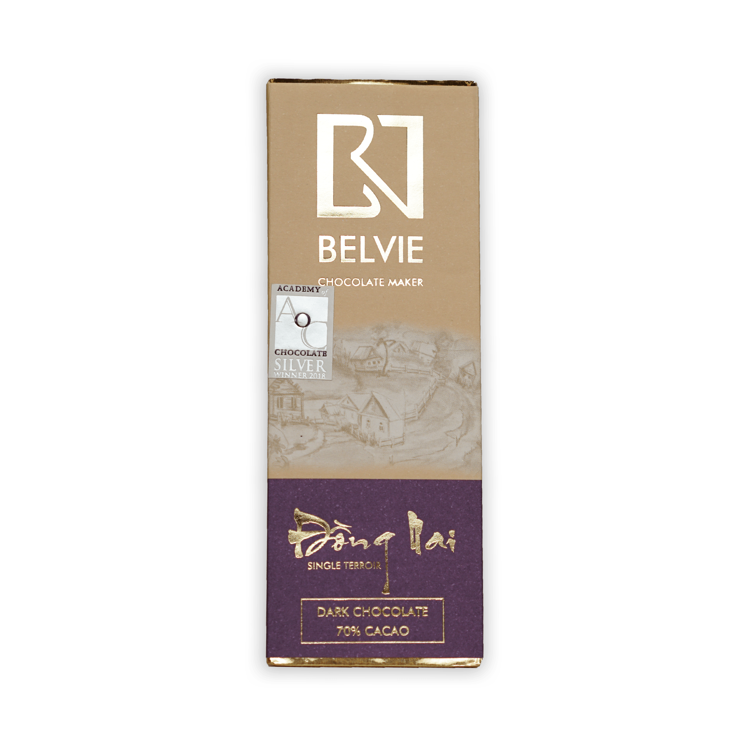 Belvie Mini Chocolate Bars Dong Nai 70% dark chocolate bar in beige purple wrapper