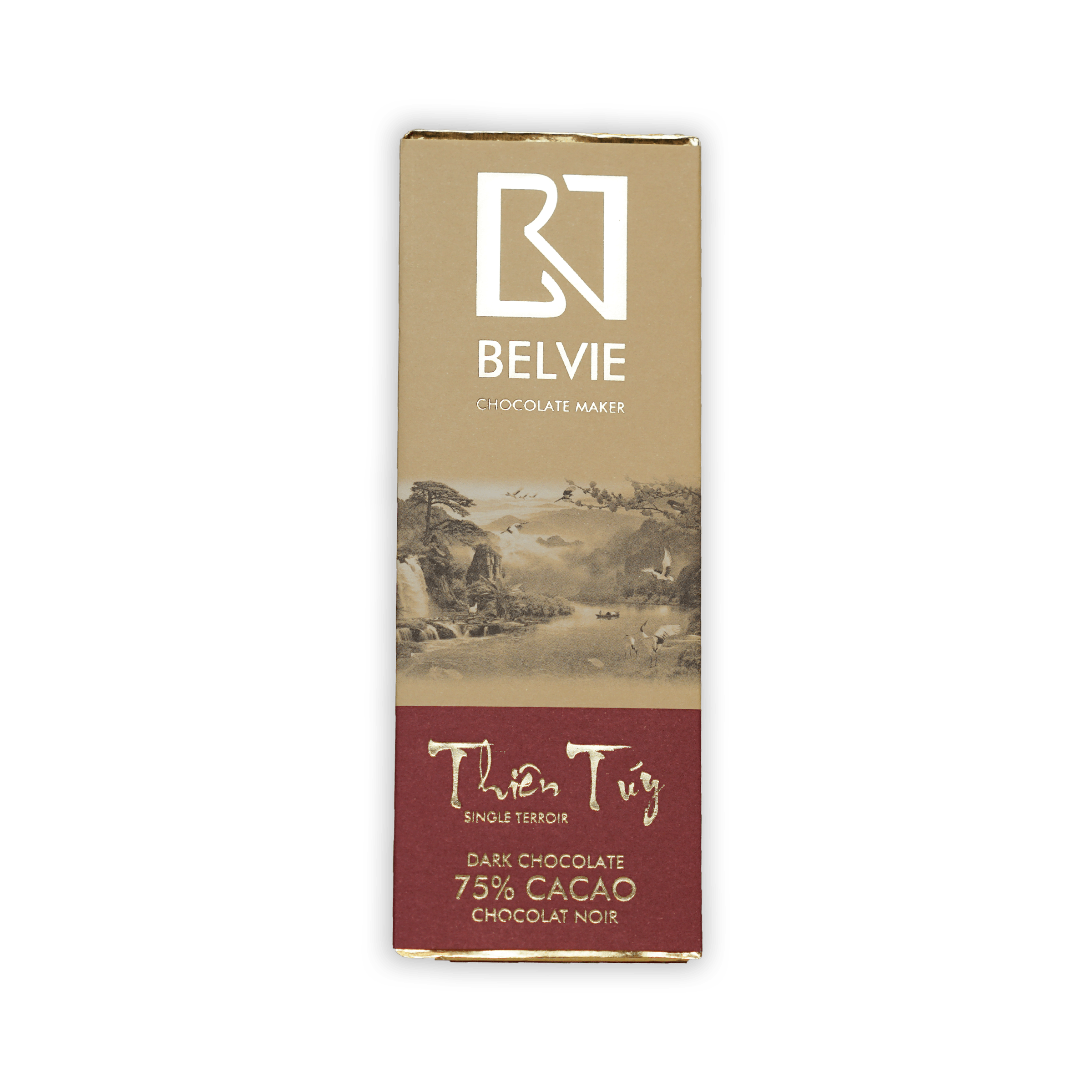 Belvie Thien Tuy 75% mini dark chocolate bar in beige burgundy foil