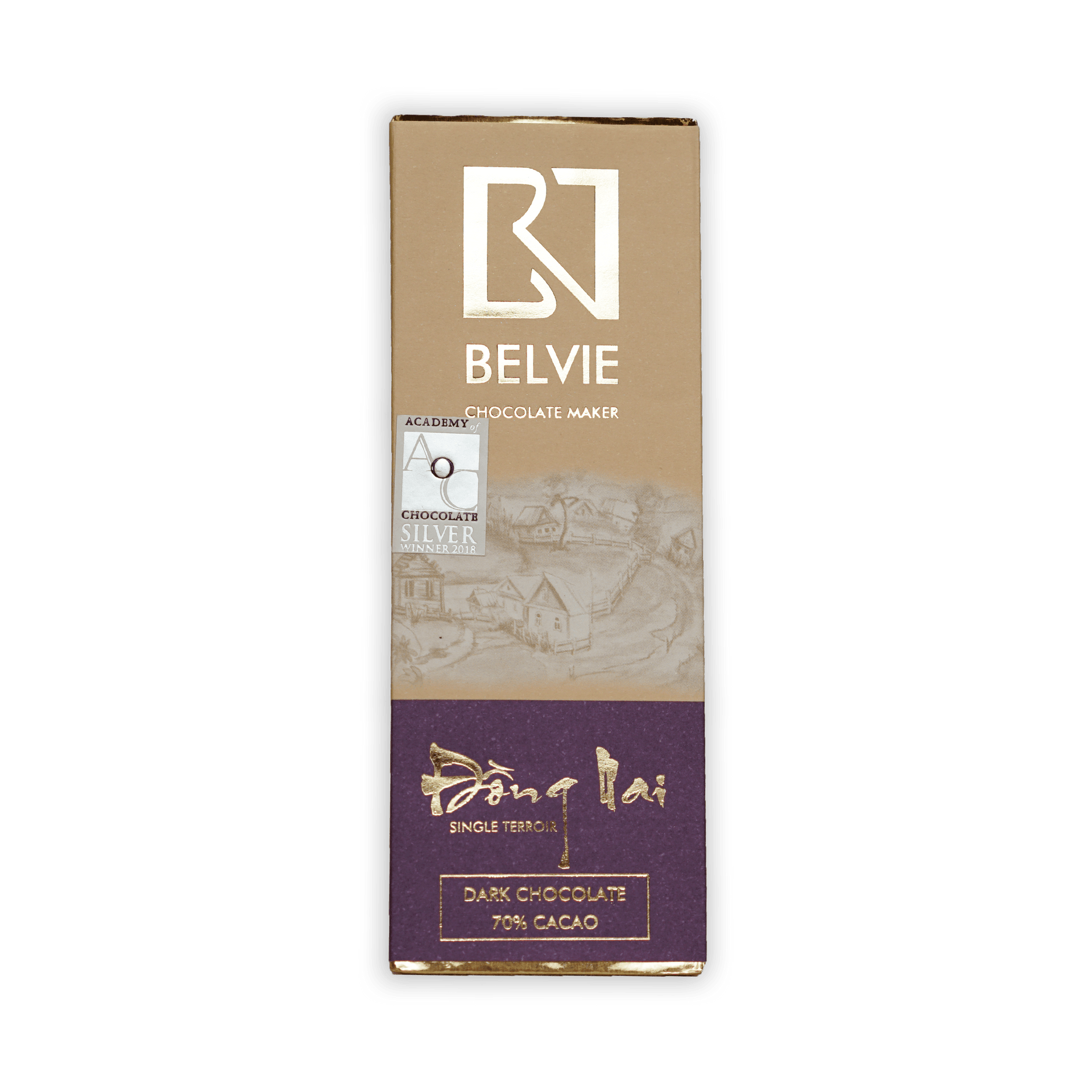Belvie Mini Chocolate Bars Dong Nai 70% dark chocolate bar in beige purple wrapper