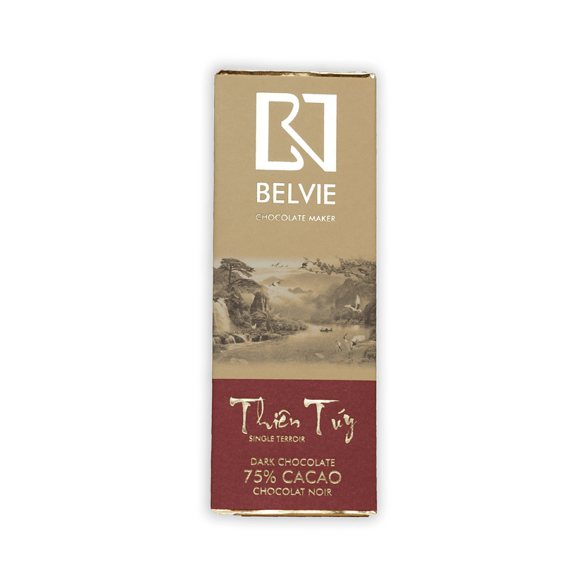 Belvie Thien Tuy 75% mini dark chocolate bar in beige burgundy foil