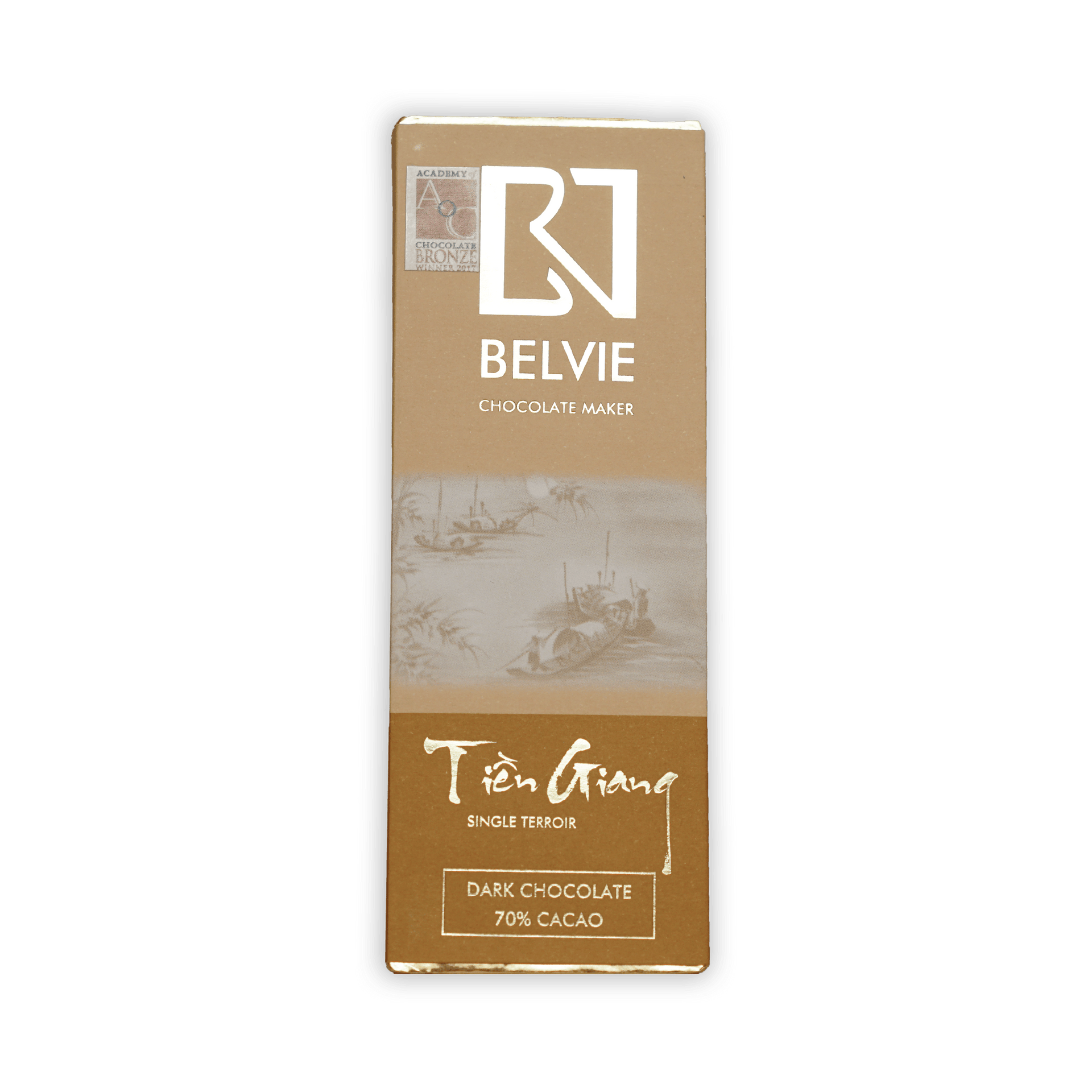 Belvie Mini Chocolate Bars Tien Giang 70% dark cacao in tan wrapper