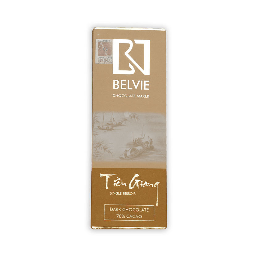 Belvie Mini Chocolate Bars Tien Giang 70% dark cacao in tan wrapper