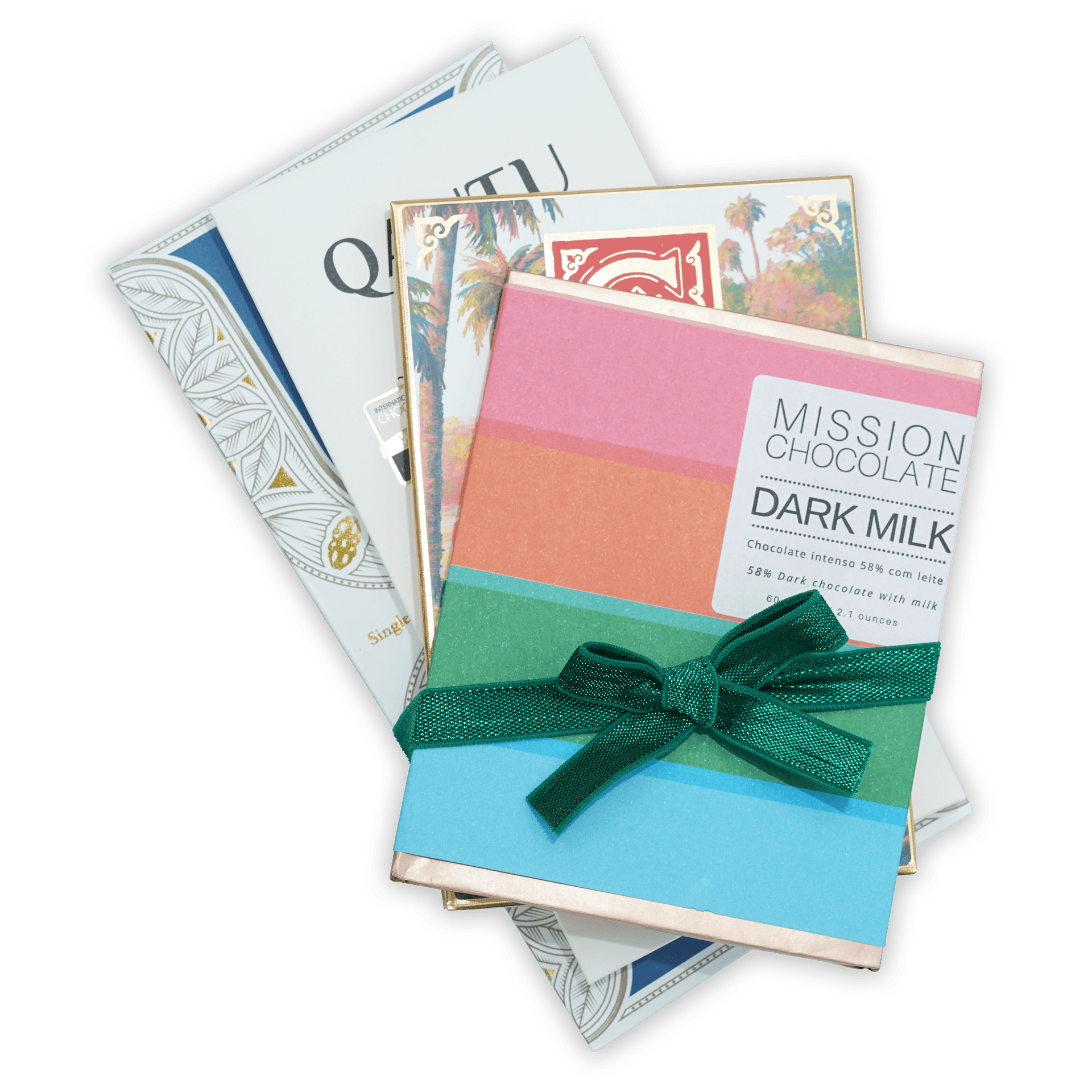 Best of Dark Milk Bundle: vibrant striped Mission chocolate bar with green bow