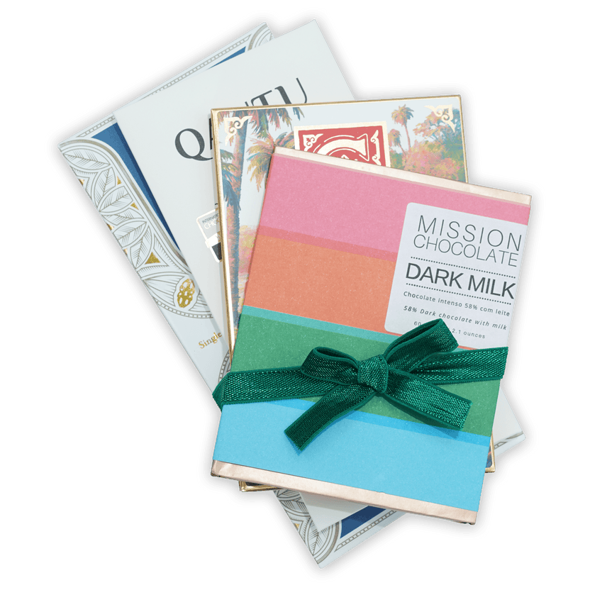 Best of Dark Milk Bundle: vibrant striped Mission chocolate bar with green bow