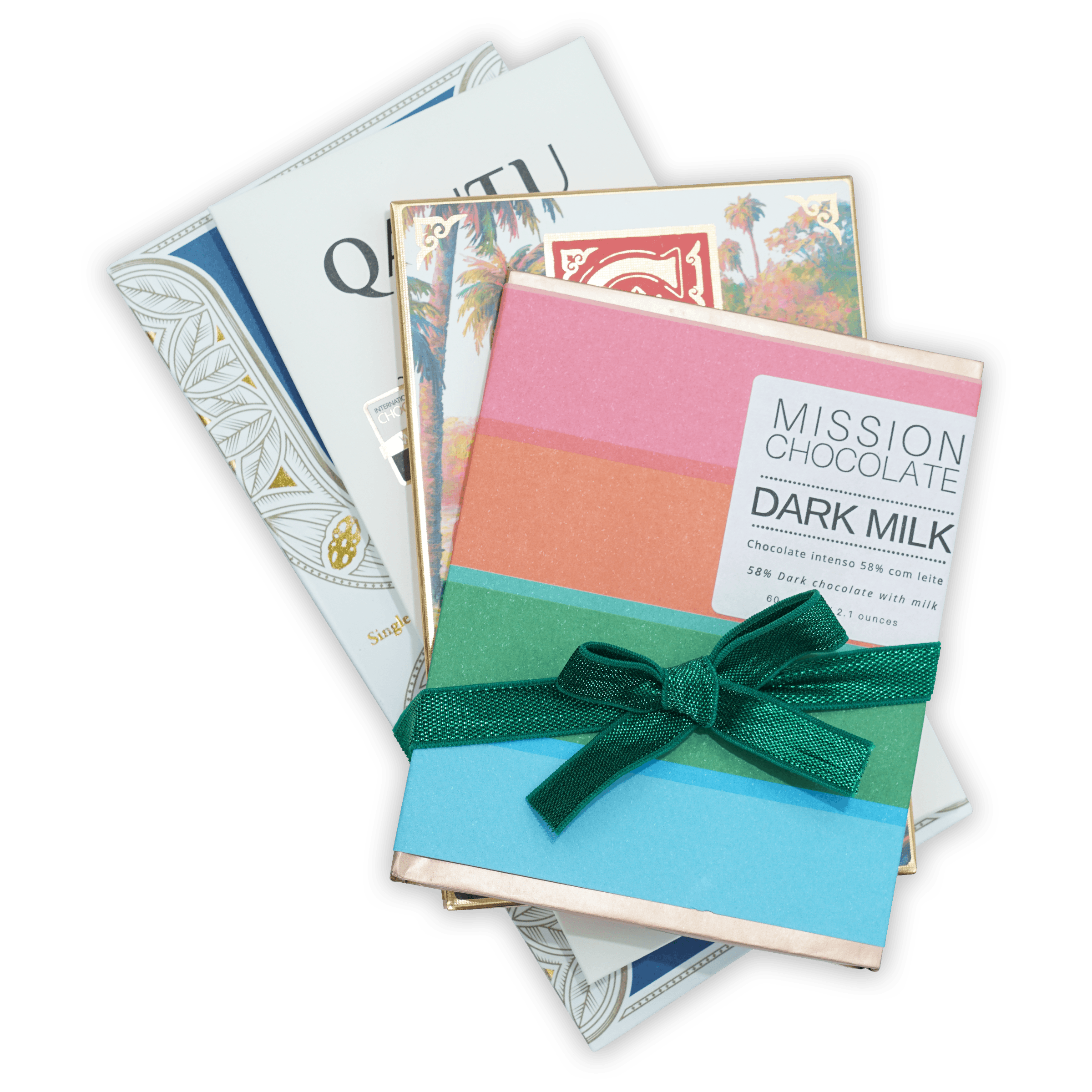 Best of Dark Milk Bundle: vibrant striped Mission chocolate bar with green bow