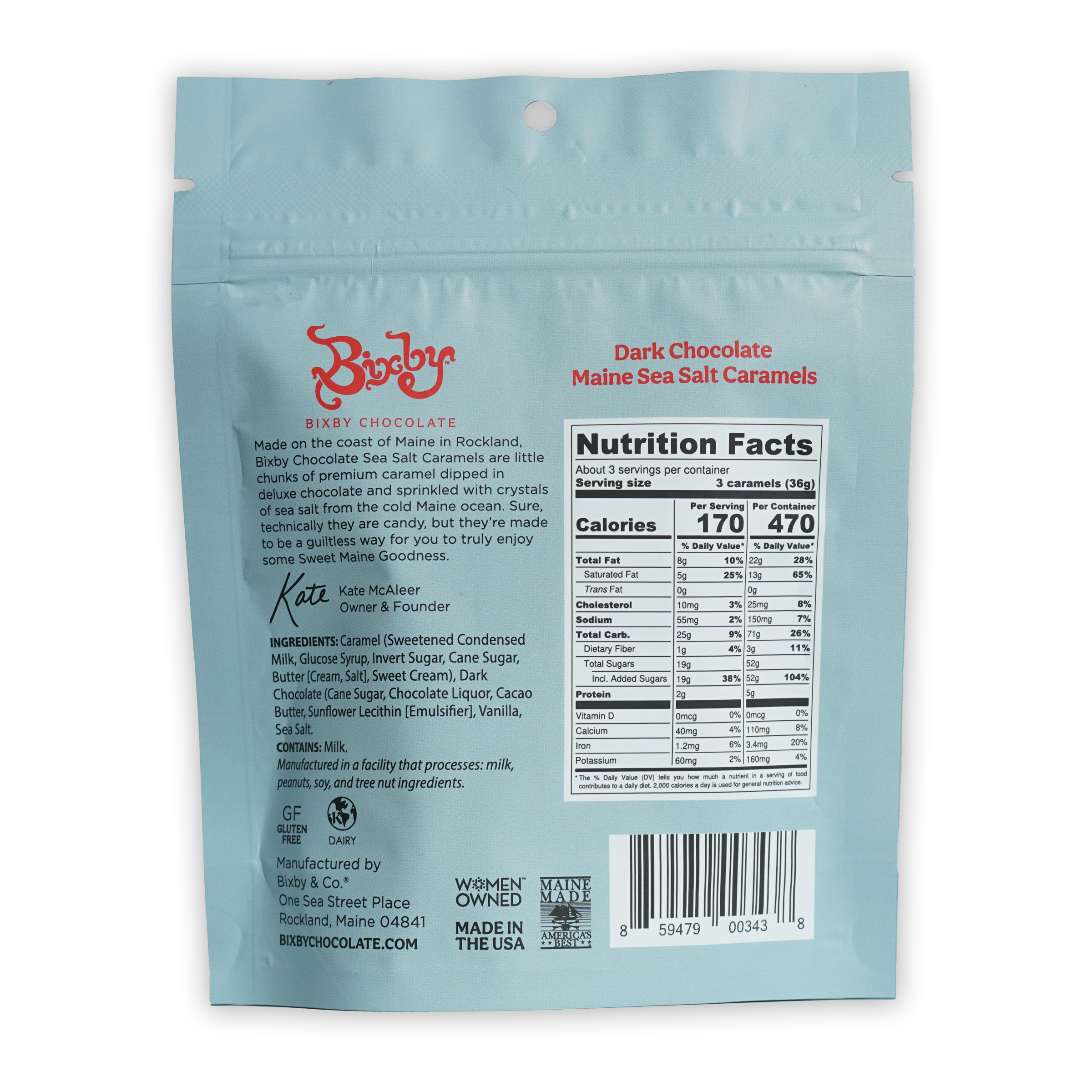 Light blue Bixby Dark Chocolate Maine Sea Salt Caramels pouch