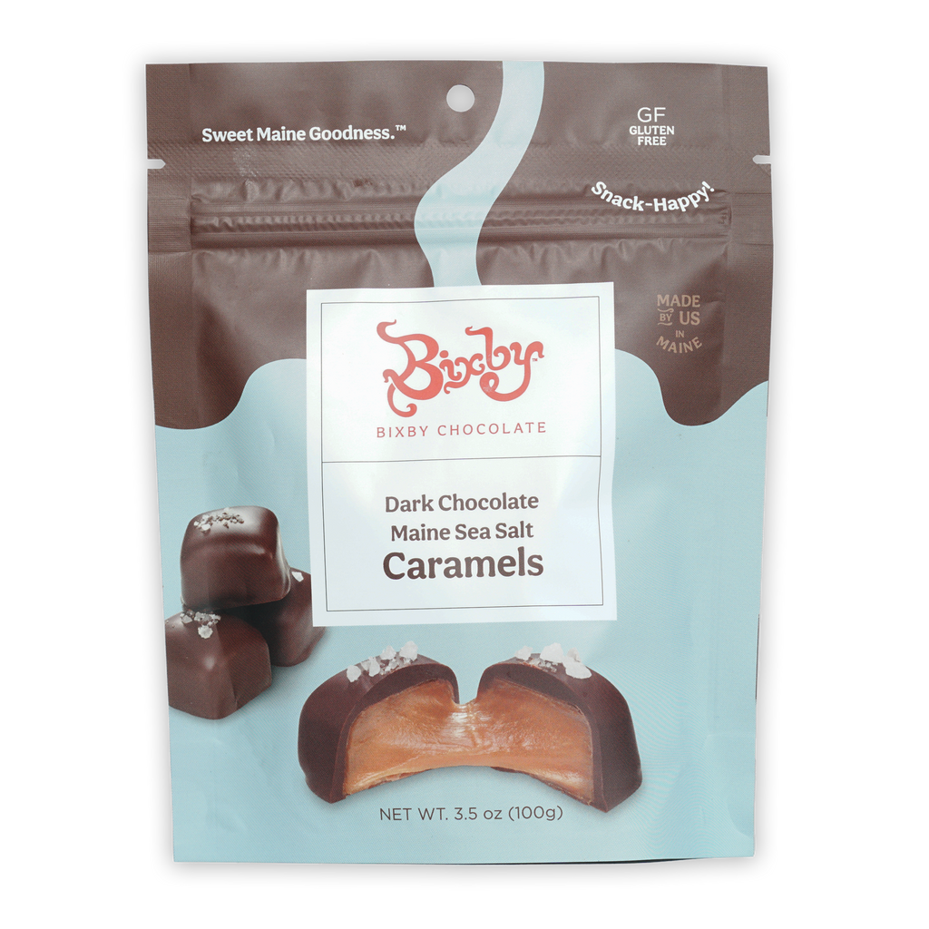 Bixby dark chocolate Maine sea salt caramels resealable pouch