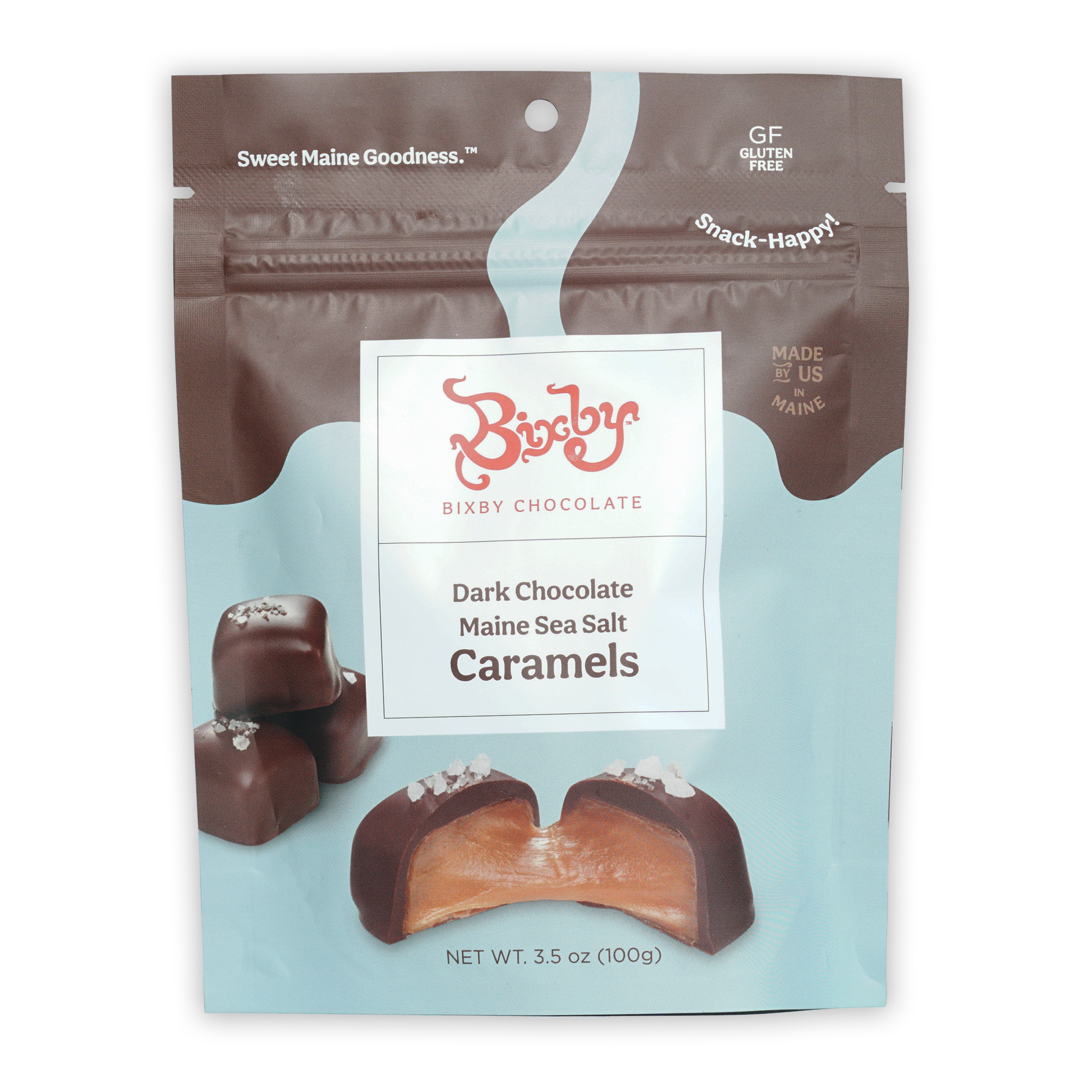 Bixby dark chocolate Maine sea salt caramels resealable pouch