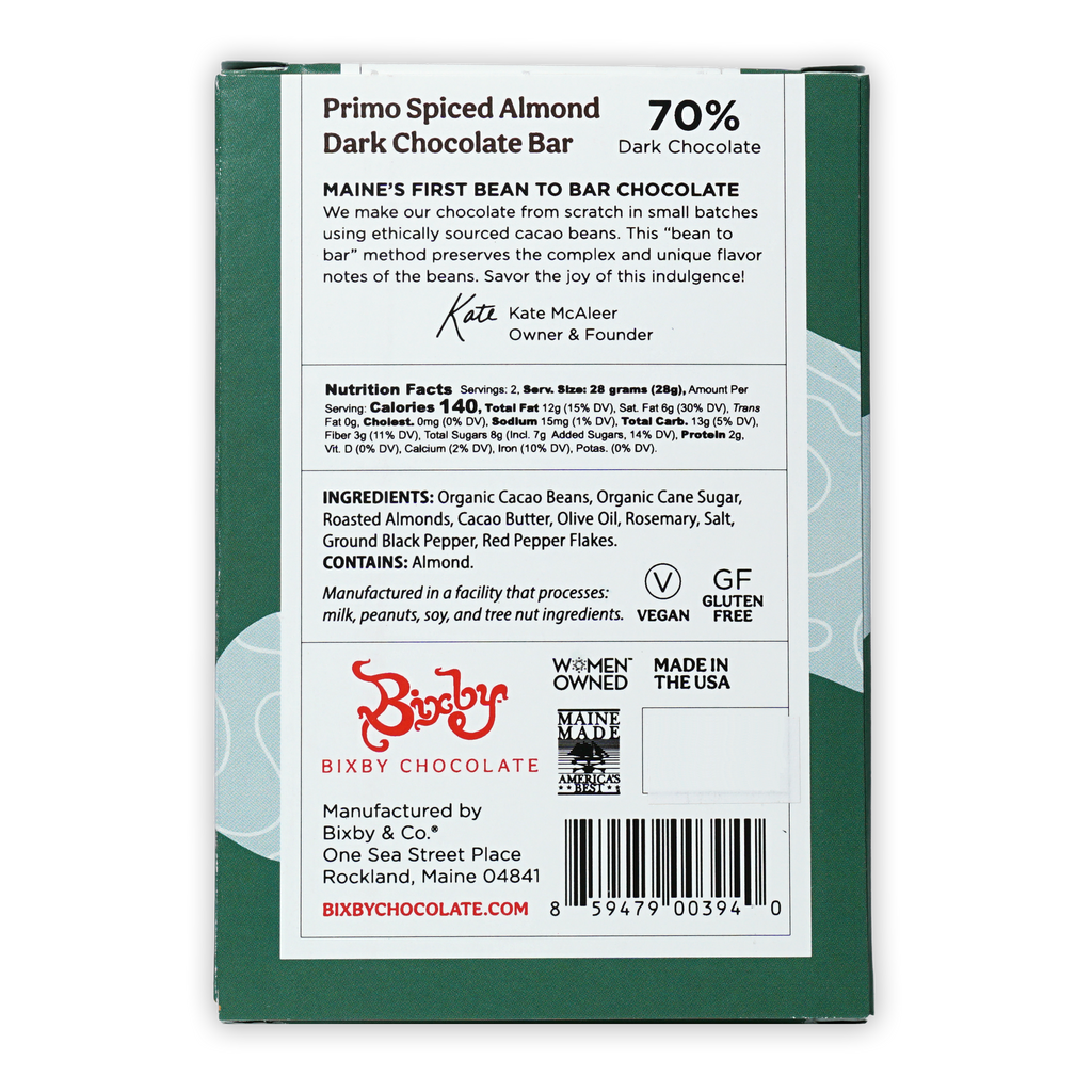 Bixby Primo Dark Chocolate Spiced Almond 70% bar, green white package