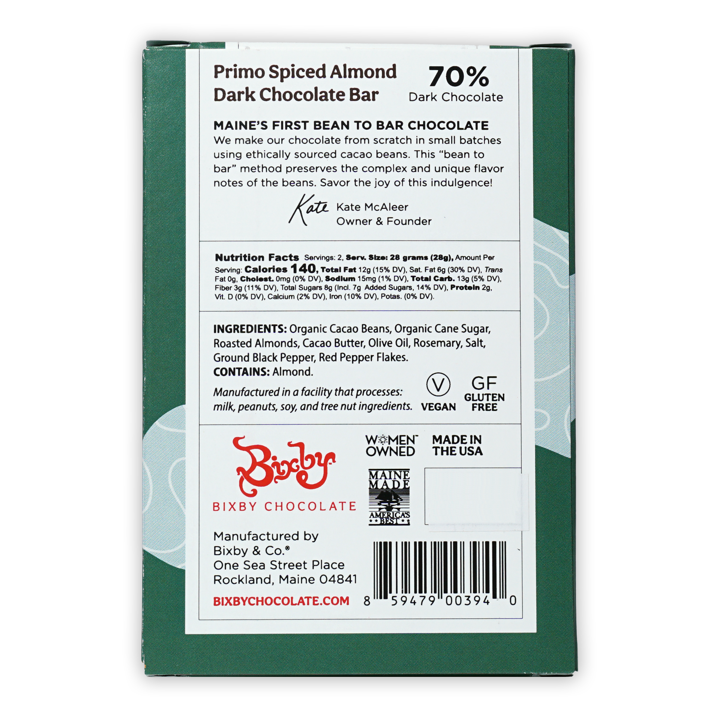 Bixby Primo Dark Chocolate Spiced Almond 70% bar, green white package