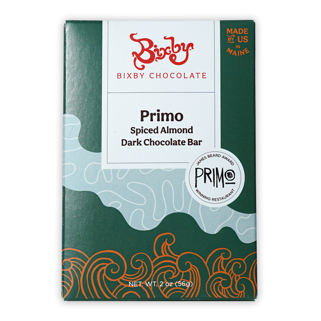 Bixby Primo spiced almond dark chocolate bar in green package