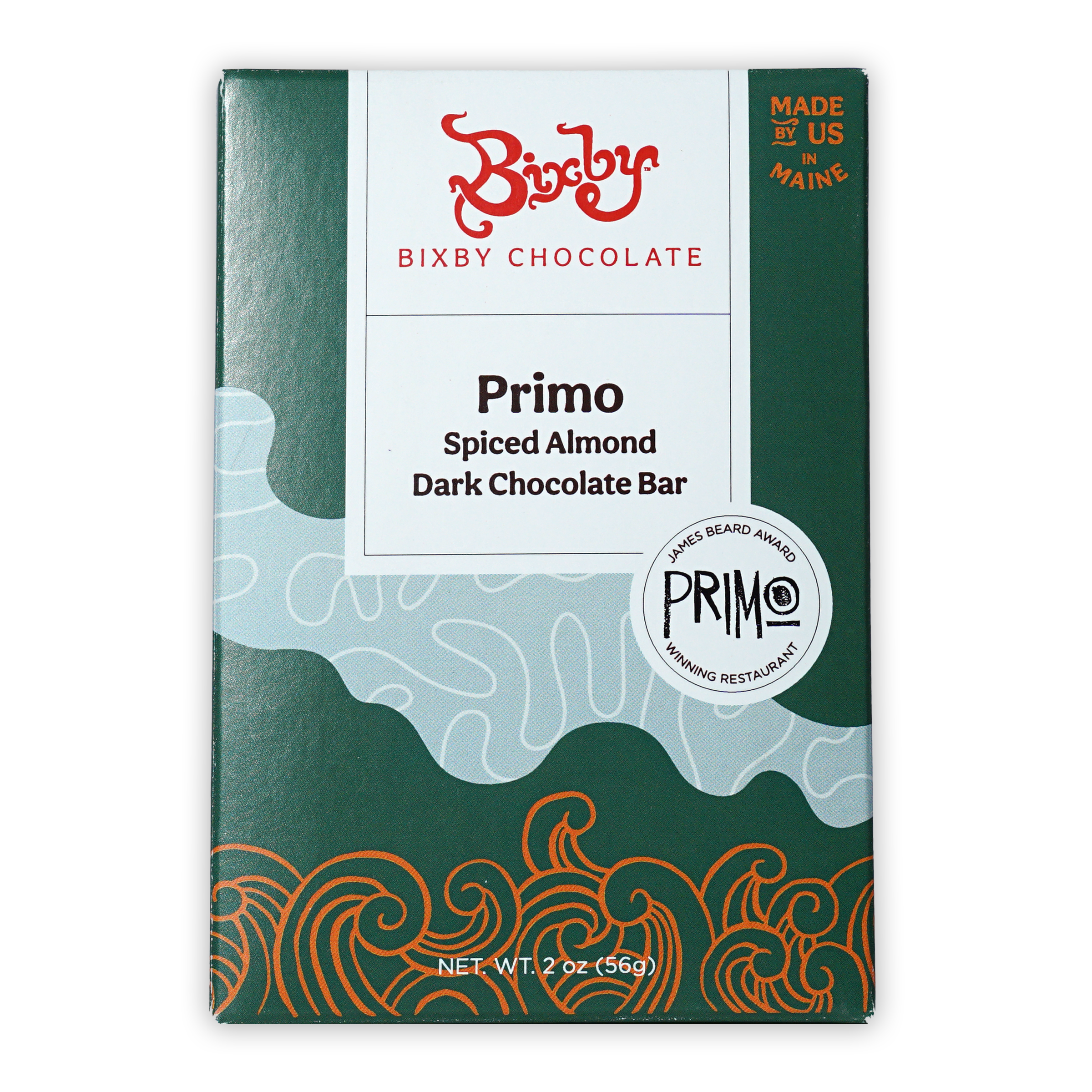 Bixby Primo spiced almond dark chocolate bar in green package