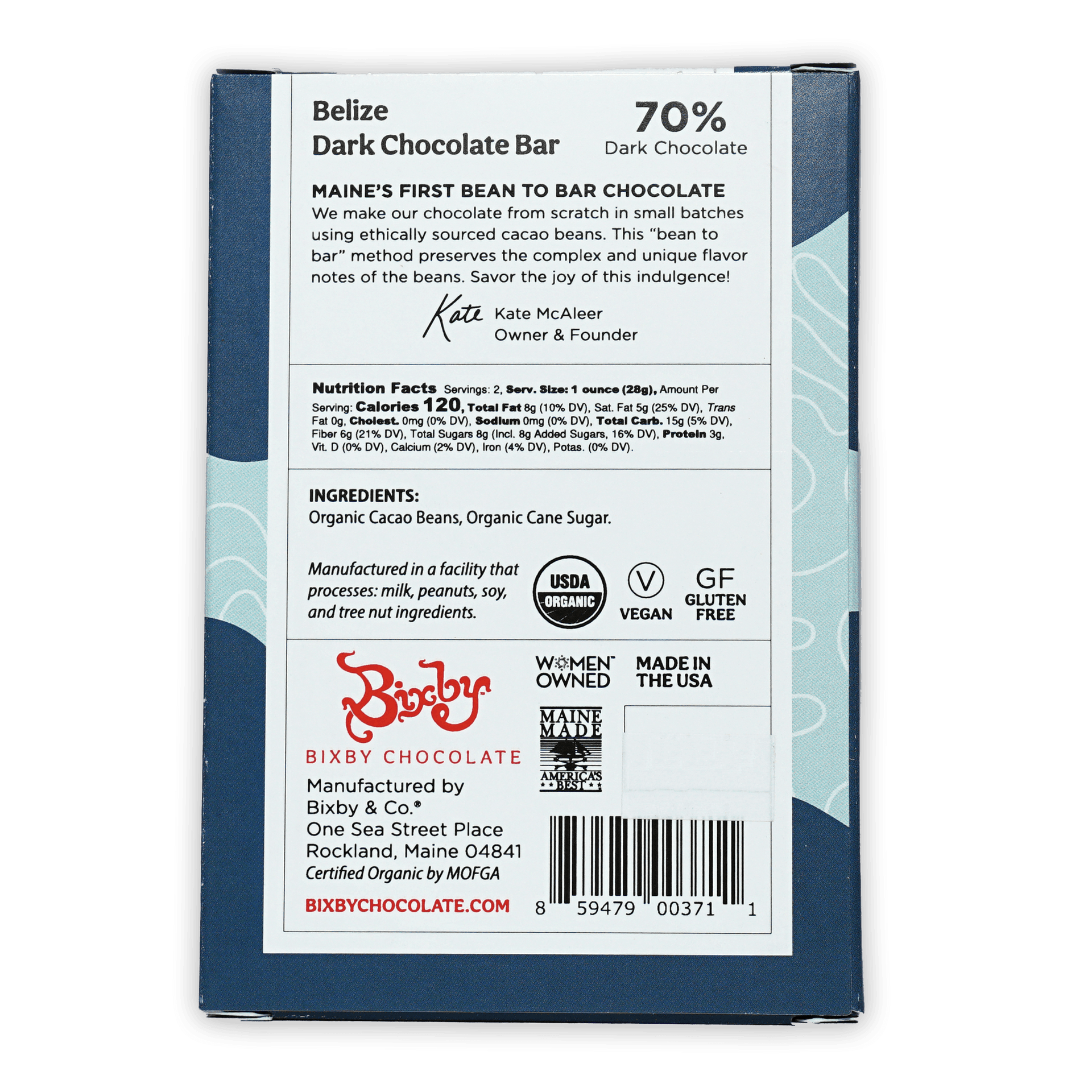 Bixby Dark Chocolate Belize 70% bar in blue white wrapper