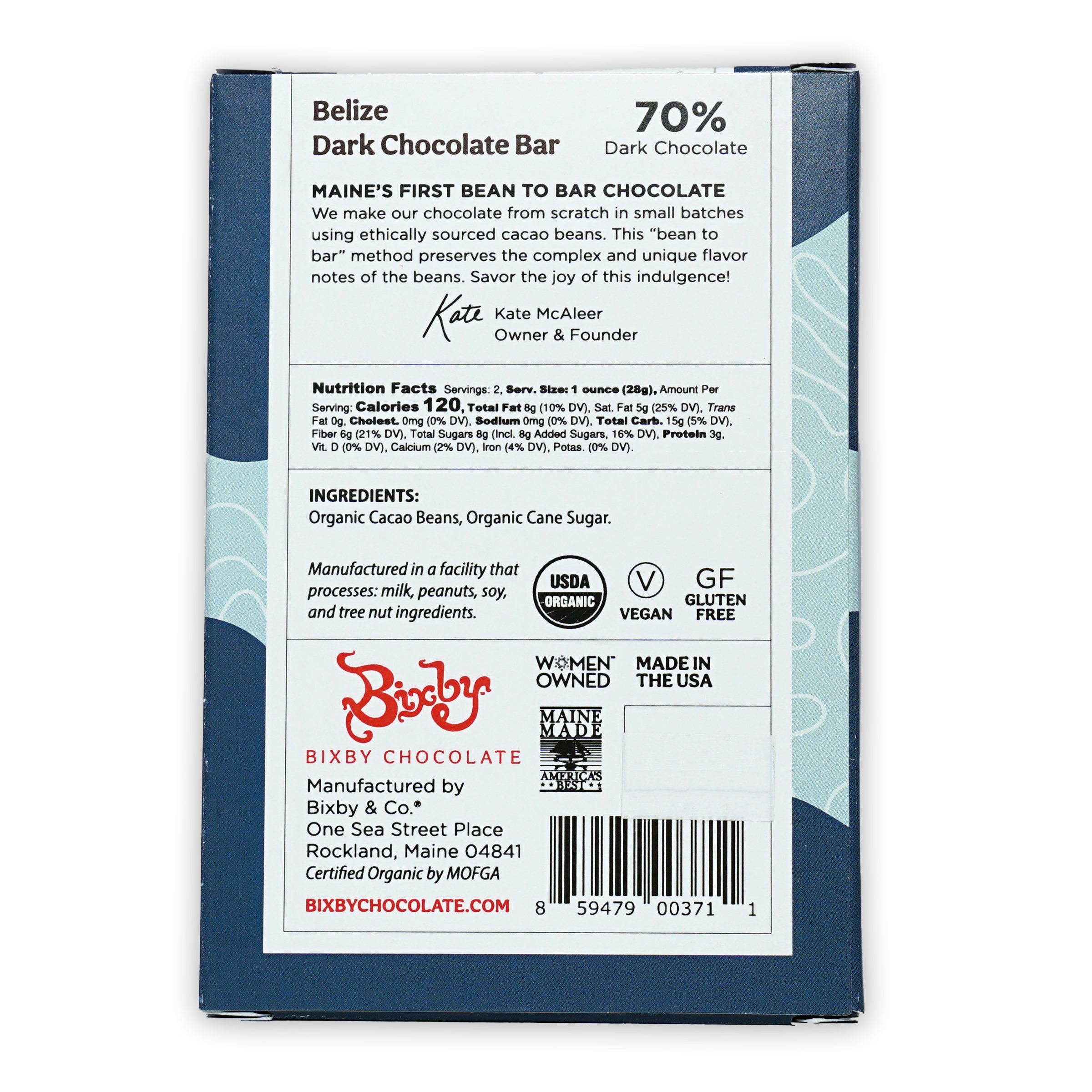 Bixby Dark Chocolate Belize 70% bar in blue white wrapper