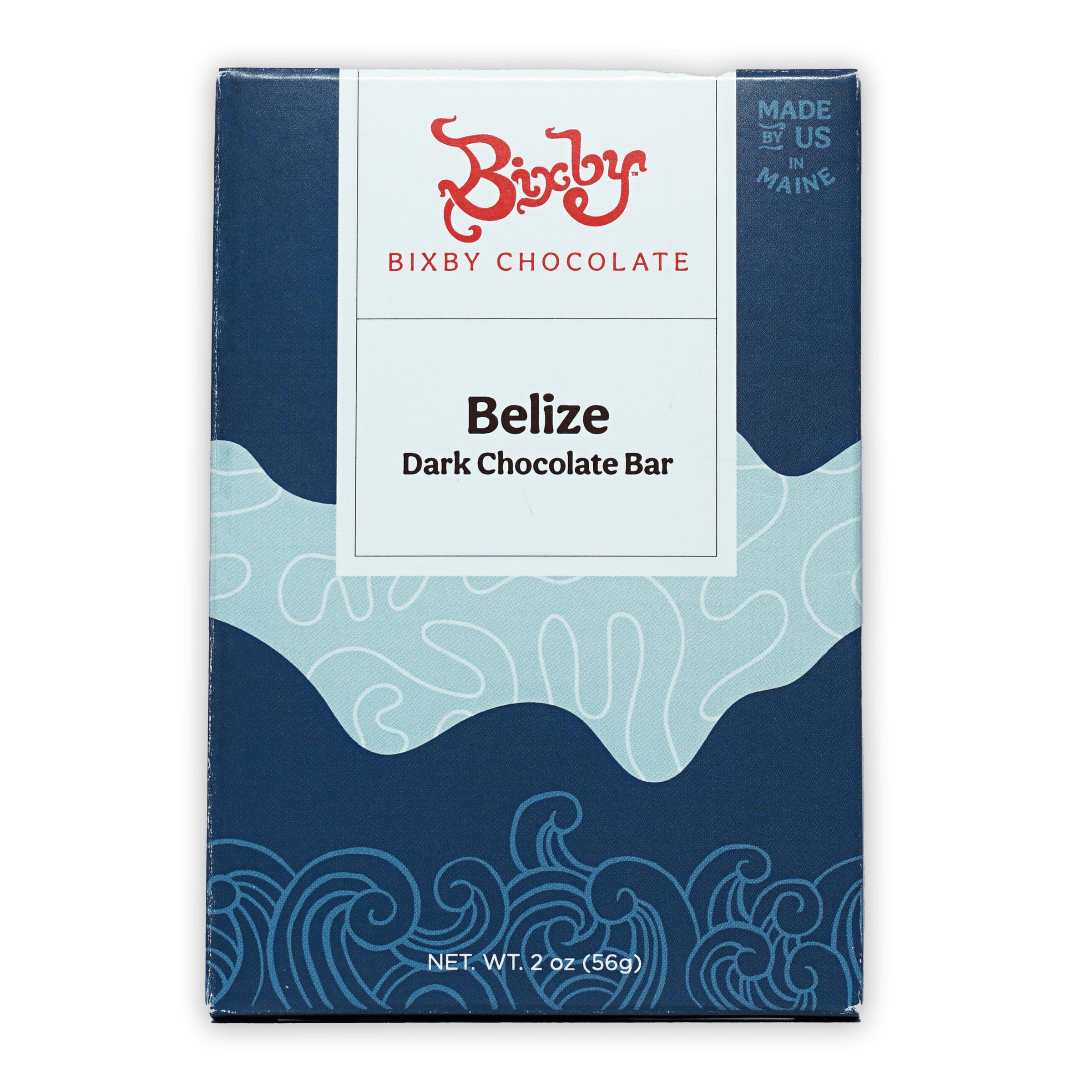 Bixby Dark Chocolate Belize 70% bar in navy and light blue wave box