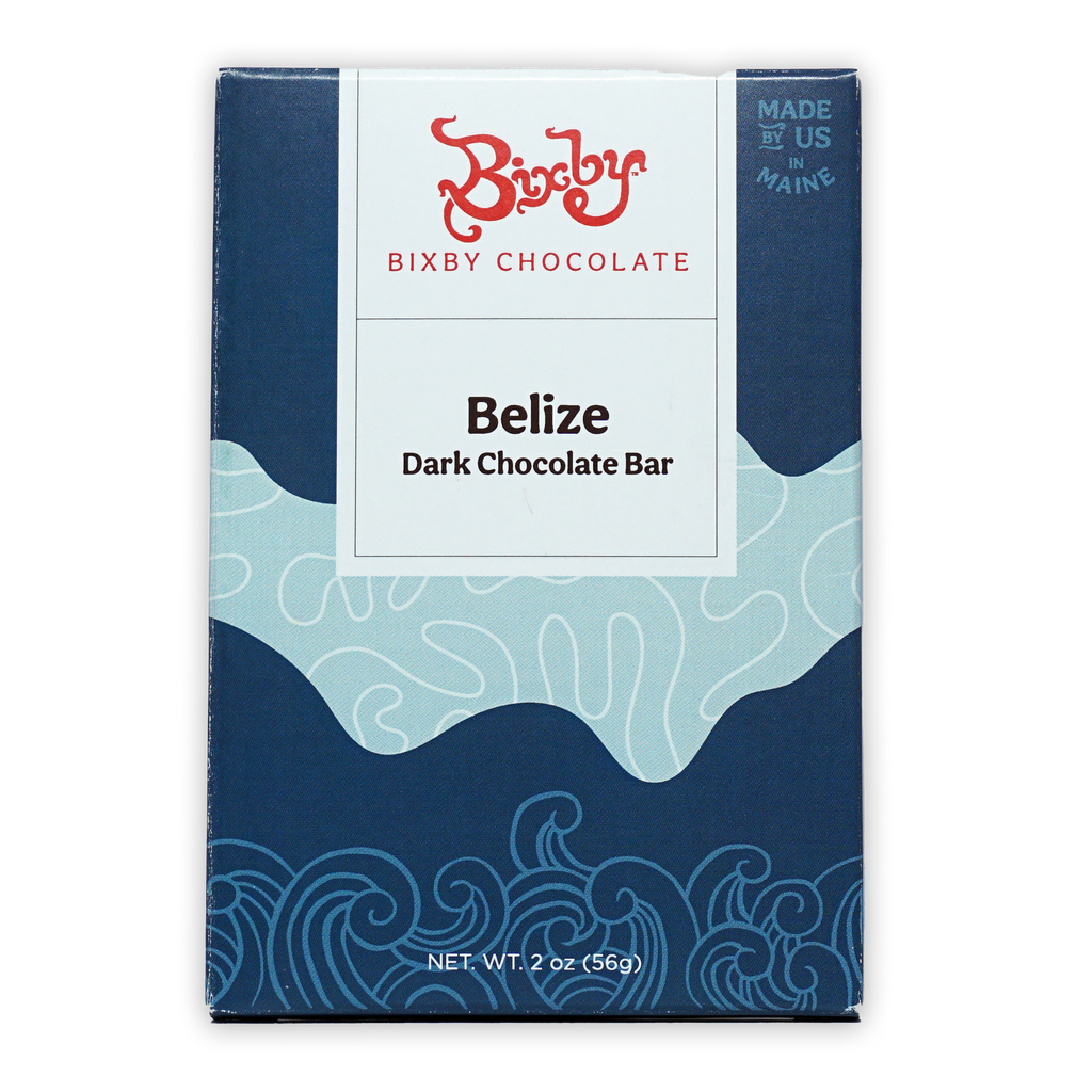 Bixby Dark Chocolate Belize 70% bar in navy and light blue wave box