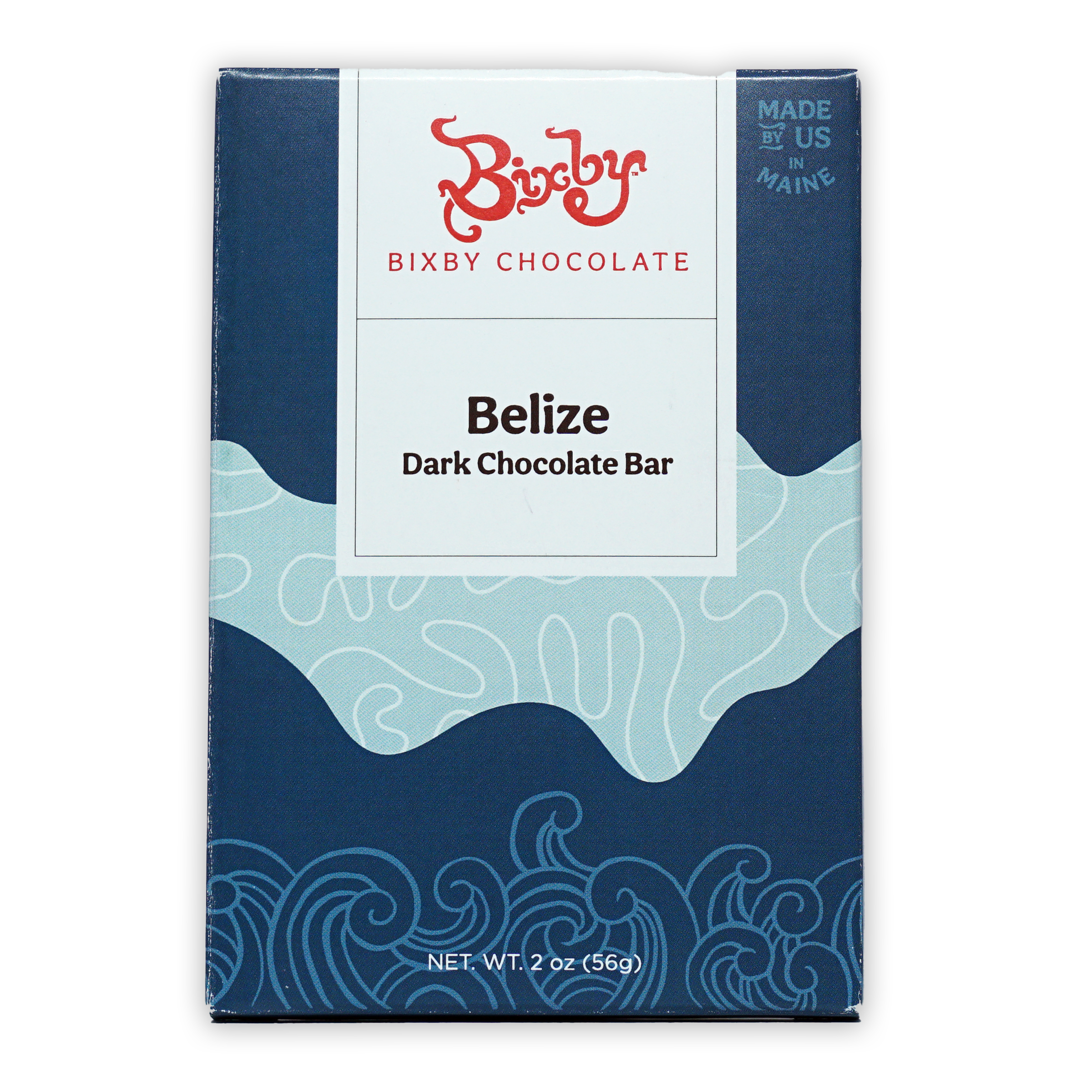 Bixby Dark Chocolate Belize 70% bar in navy and light blue wave box