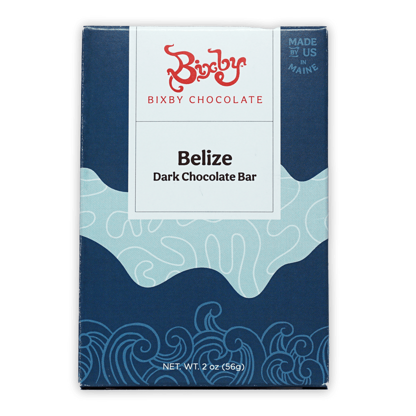 Bixby Dark Chocolate Belize 70% bar in navy and light blue wave box