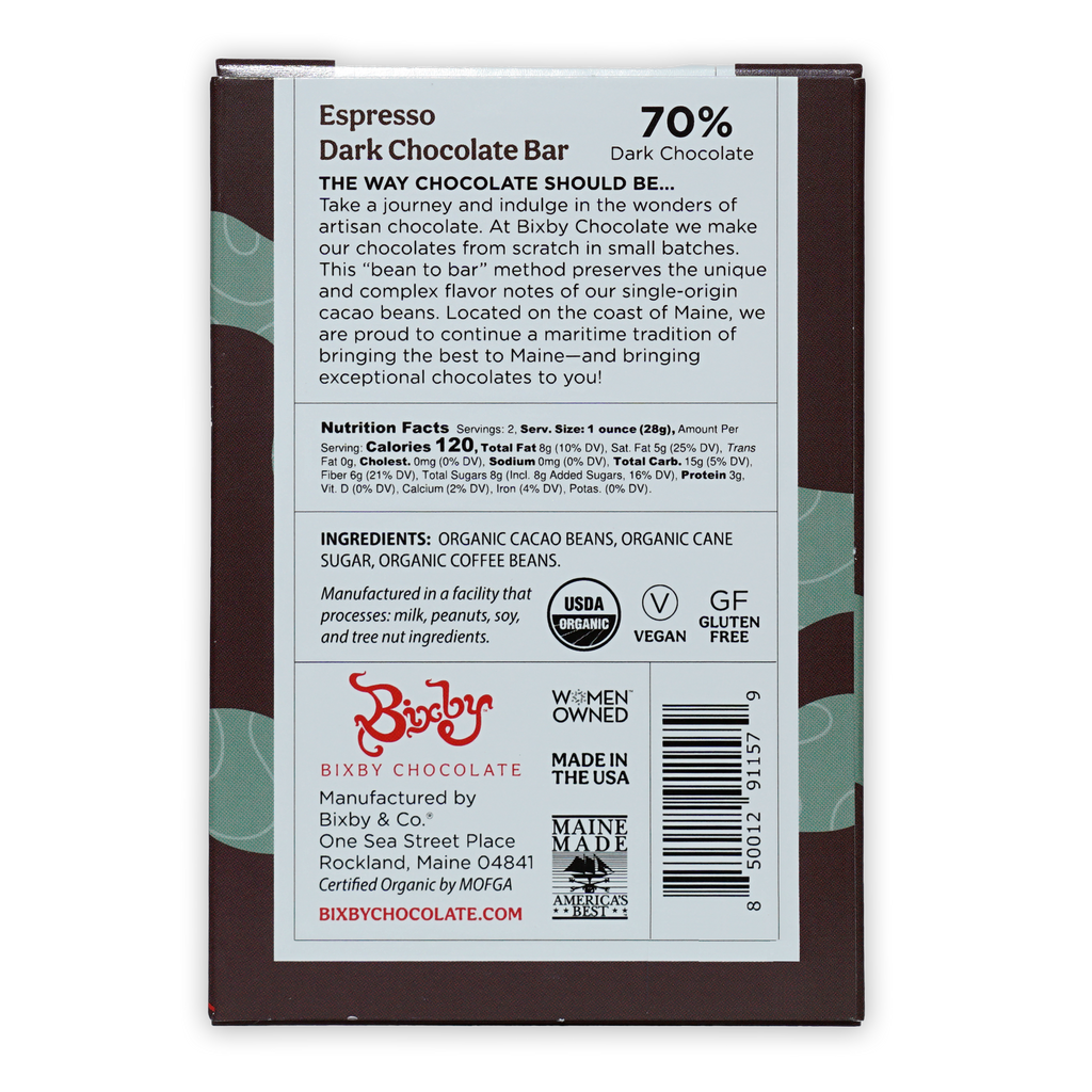 Bixby Dark Chocolate Espresso Bar 70% in brown wrapper