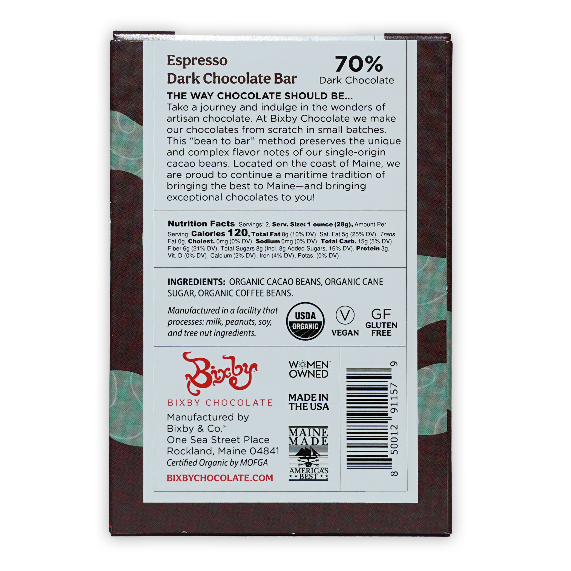 Bixby Dark Chocolate Espresso Bar 70% in brown wrapper