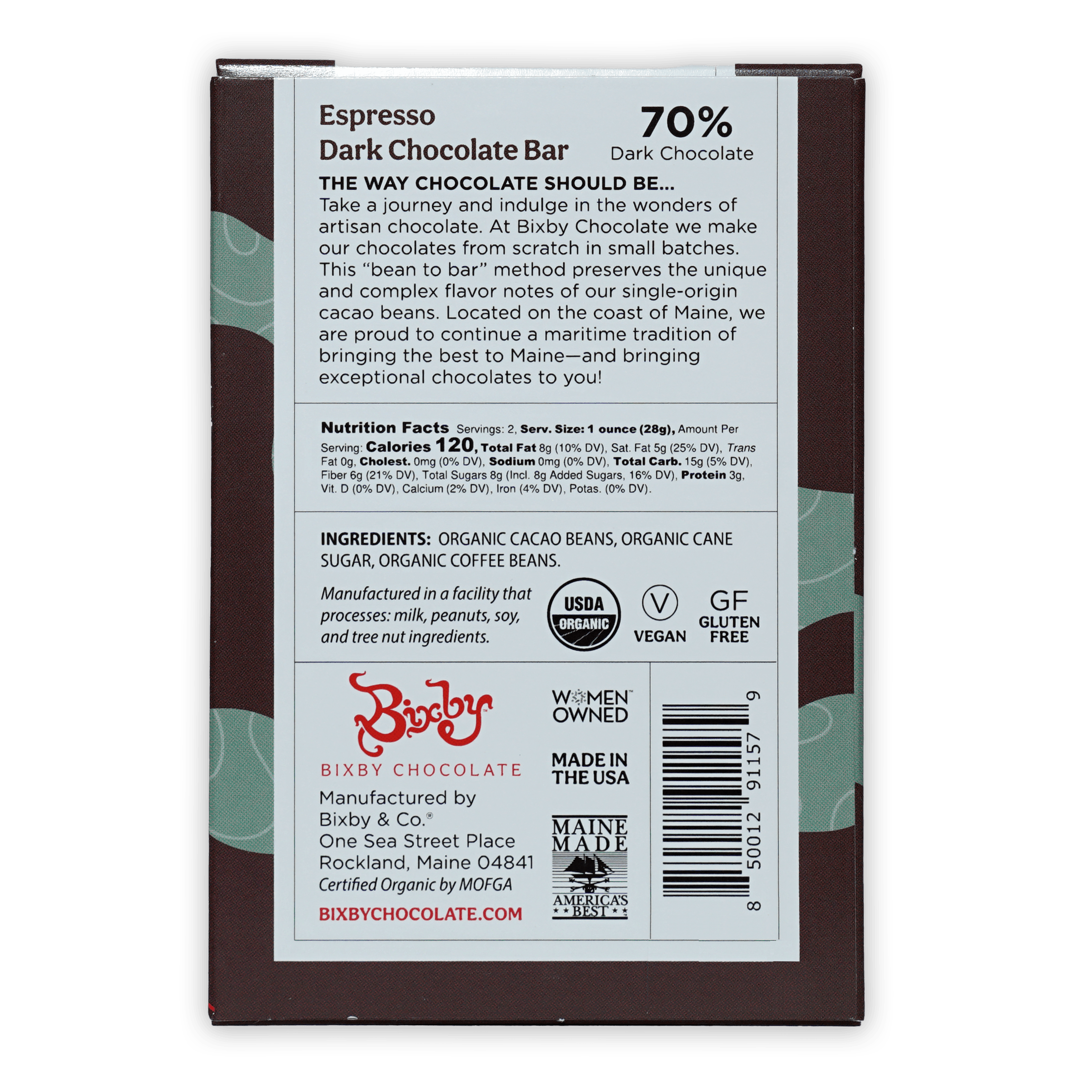 Bixby Dark Chocolate Espresso Bar 70% in brown wrapper
