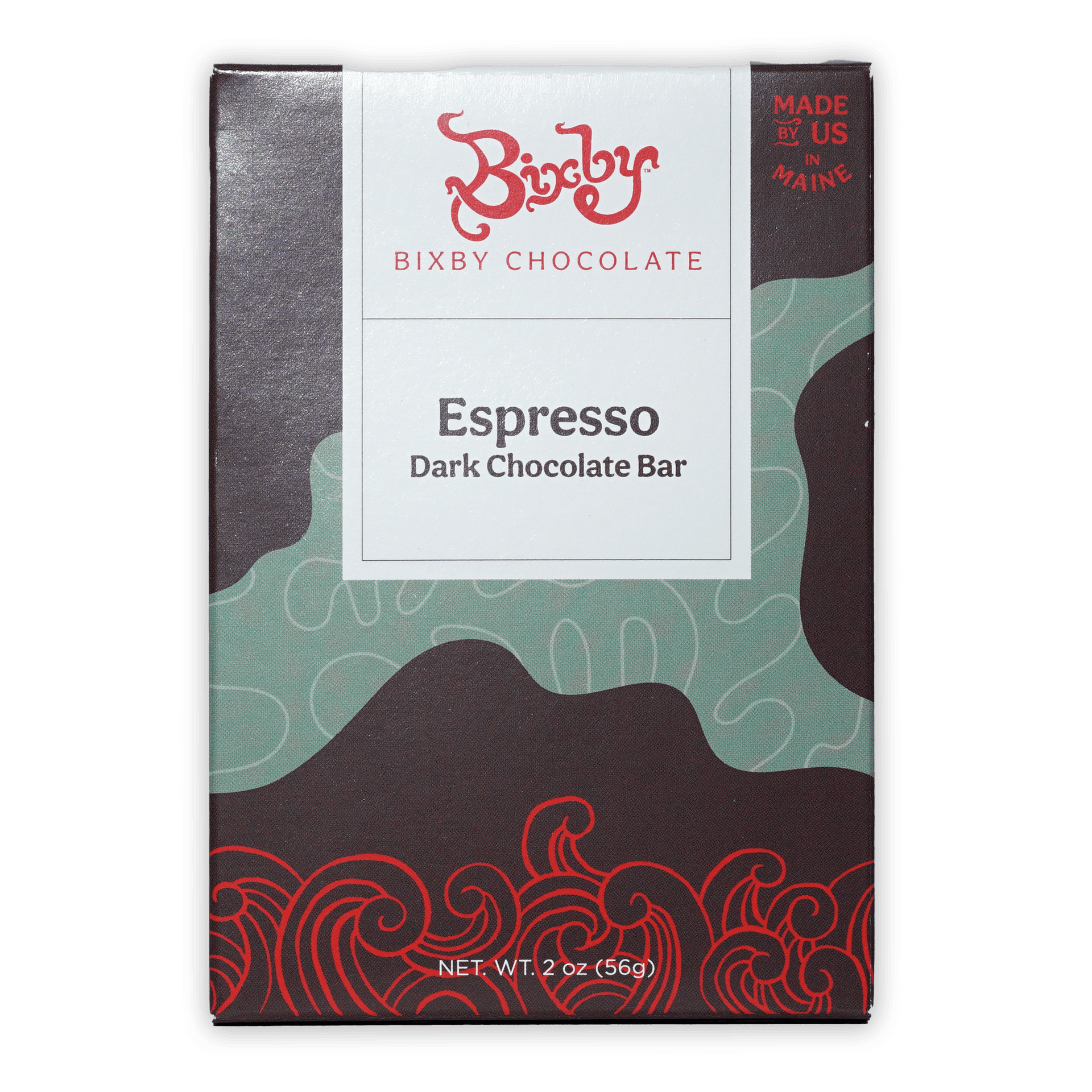 Bixby Dark Chocolate Espresso Bar 70% in sleek matte box with red teal swirls