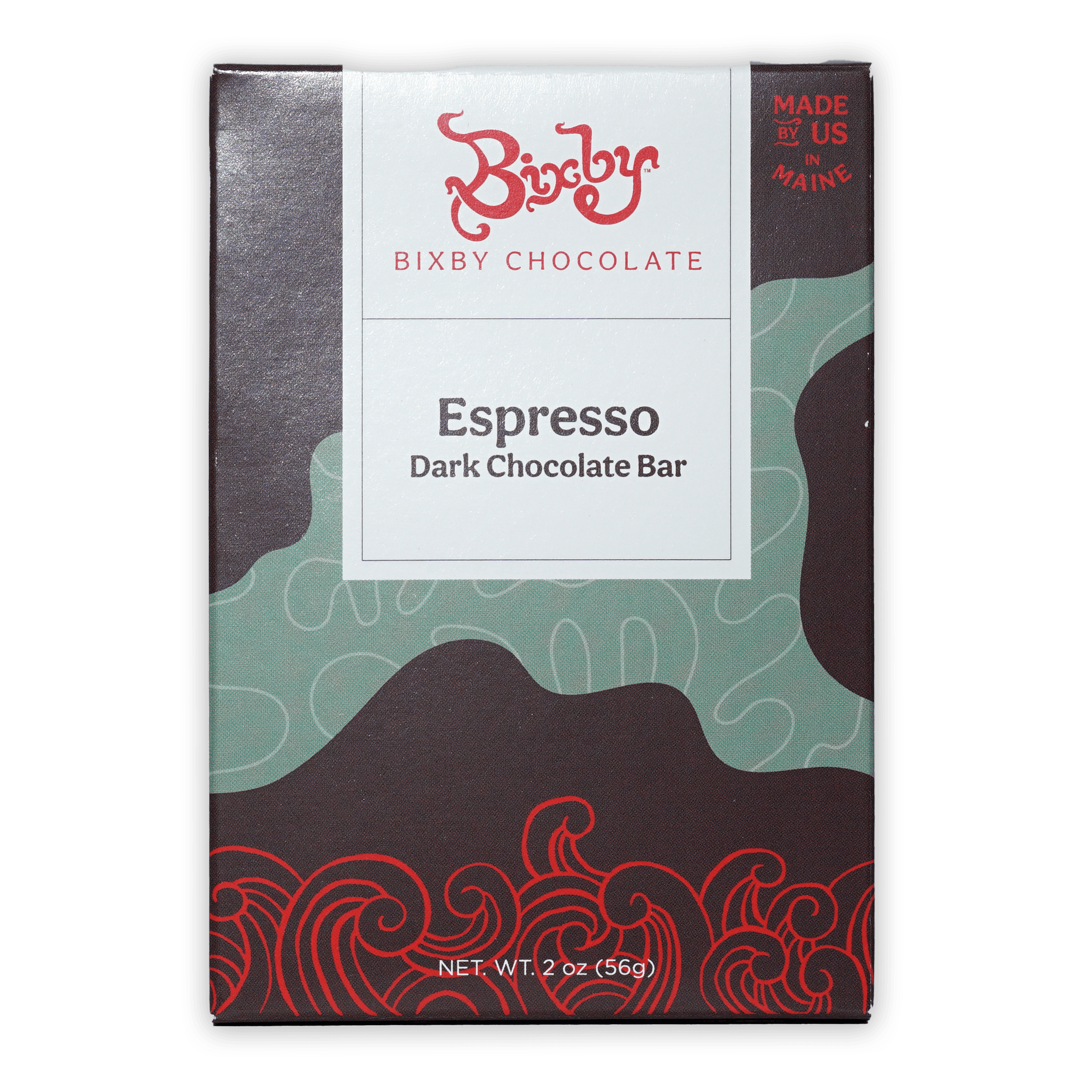 Bixby Dark Chocolate Espresso Bar 70% in sleek matte box with red teal swirls