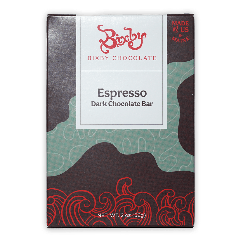 Bixby Dark Chocolate Espresso Bar 70% in sleek matte box with red teal swirls