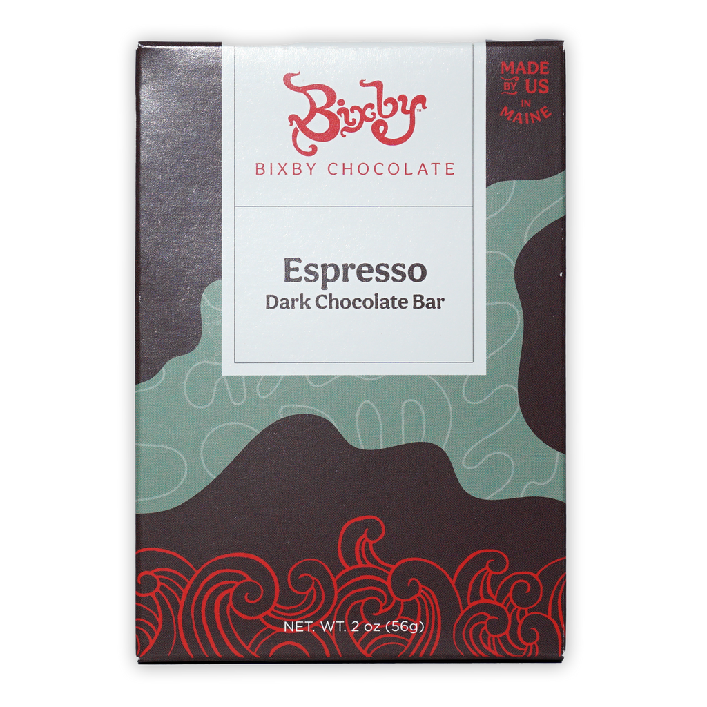 Bixby Dark Chocolate Espresso Bar 70% in sleek matte box with red teal swirls