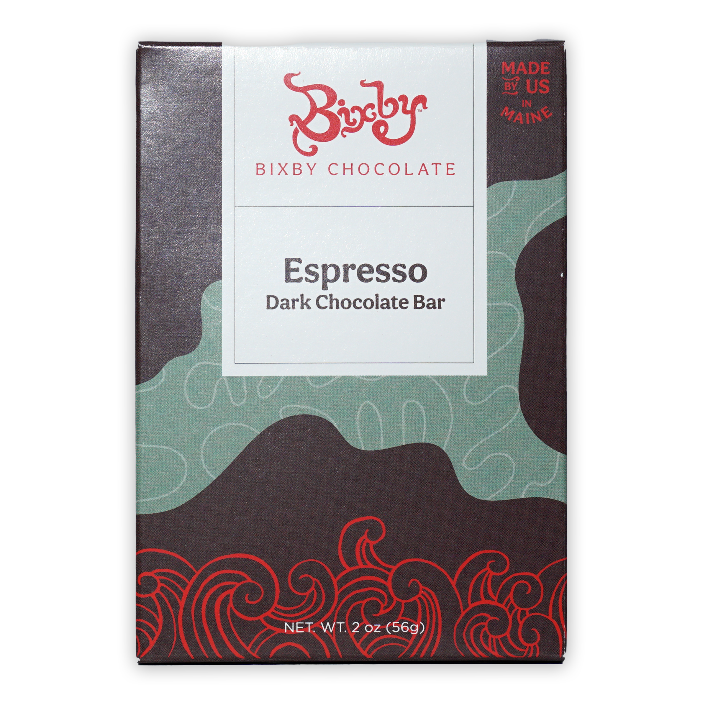 Bixby Dark Chocolate Espresso Bar 70% in sleek matte box with red teal swirls