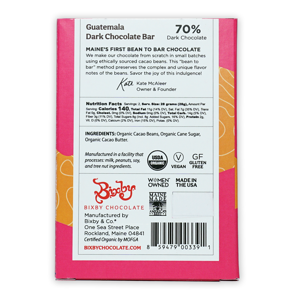 Pink and orange Bixby Dark Chocolate Guatemala 70% bar