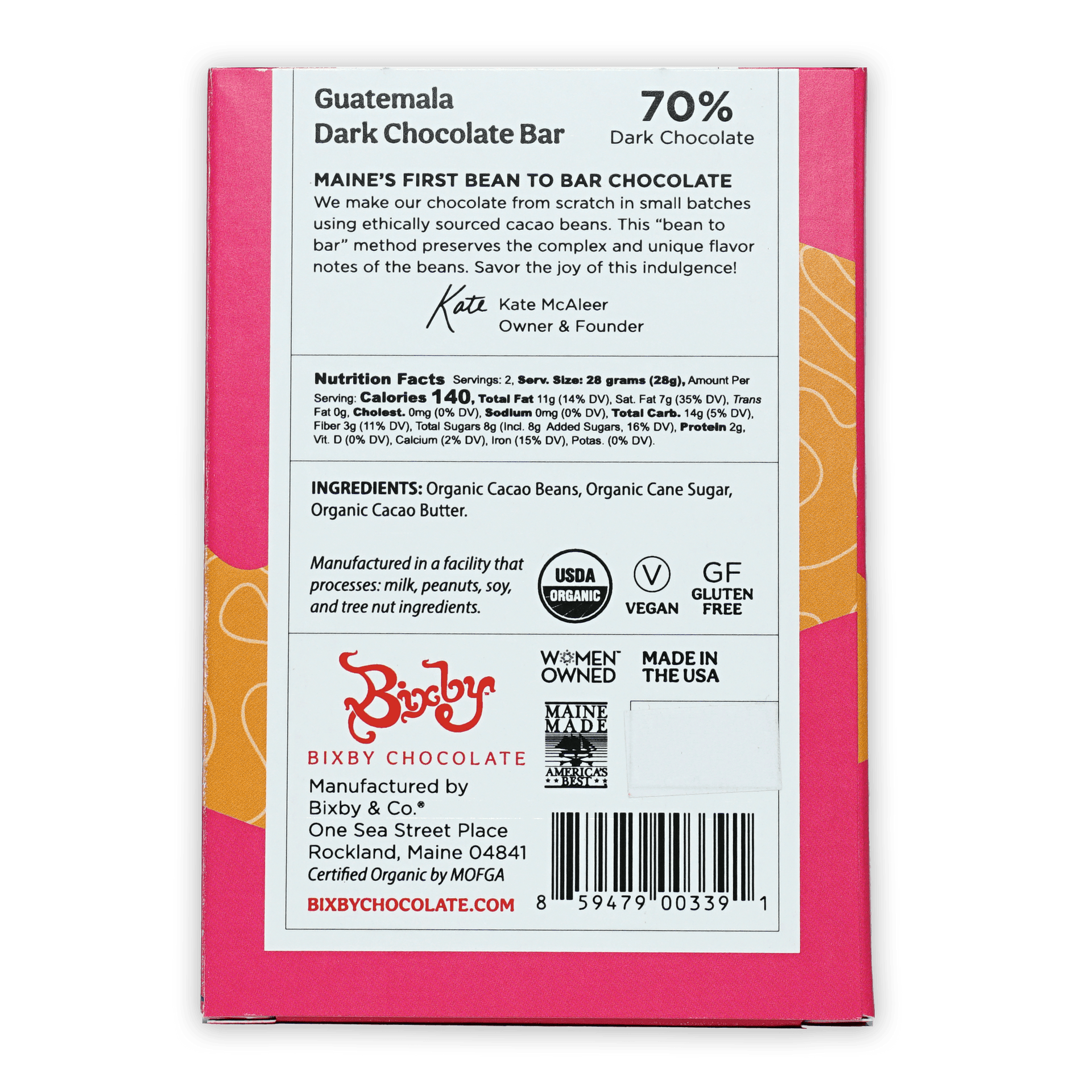 Pink and orange Bixby Dark Chocolate Guatemala 70% bar