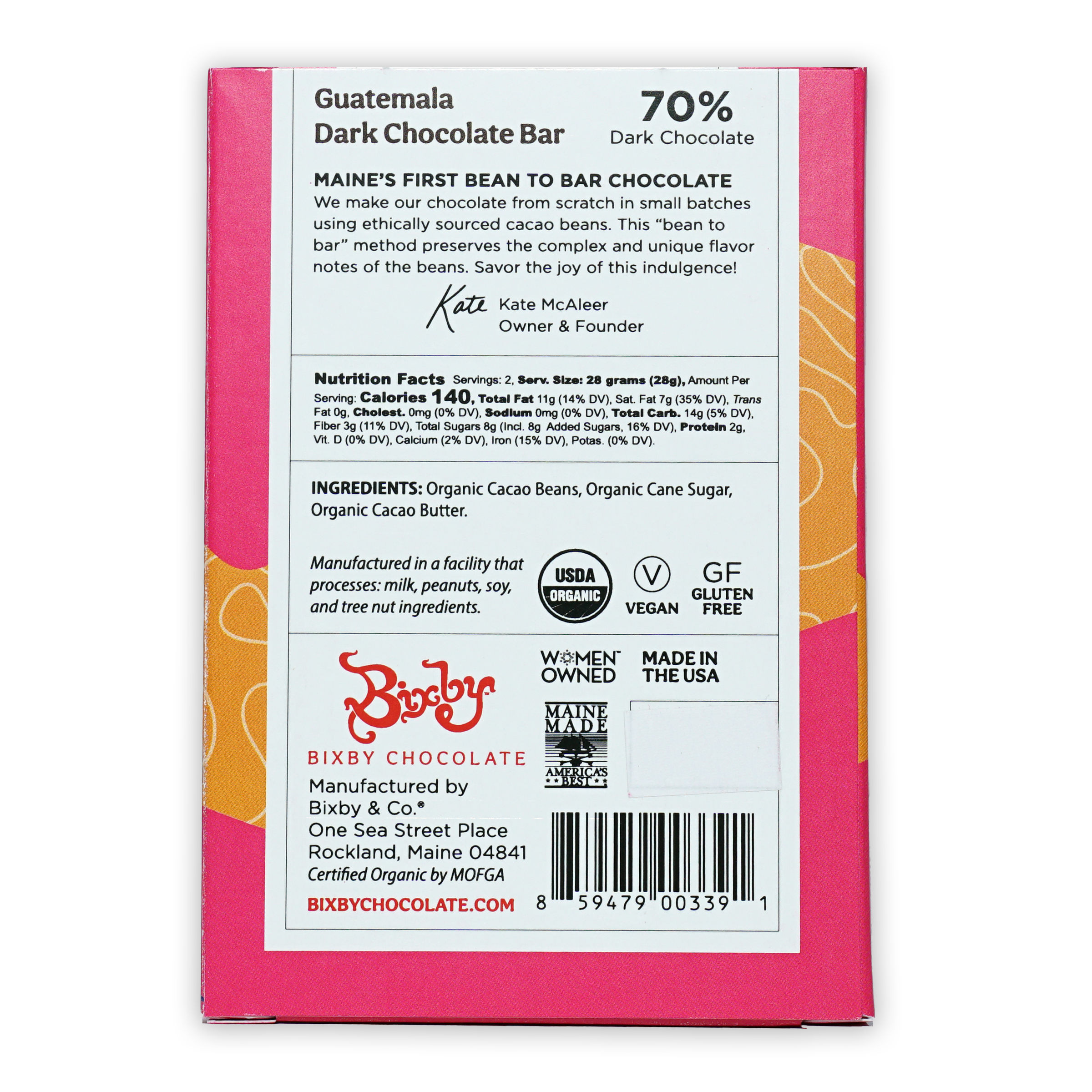 Pink and orange Bixby Dark Chocolate Guatemala 70% bar