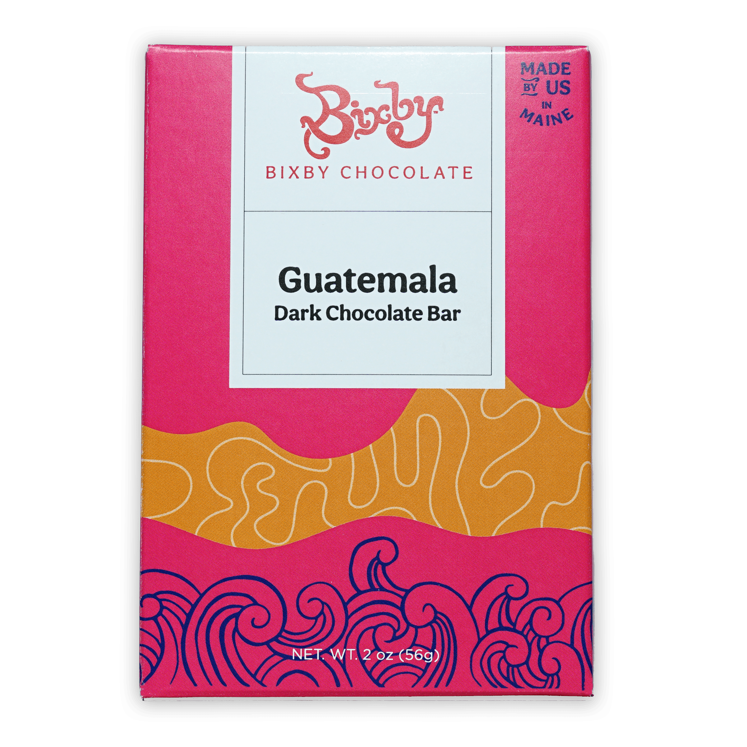 Bixby Dark Chocolate Guatemala 70% bar in vibrant pink orange package