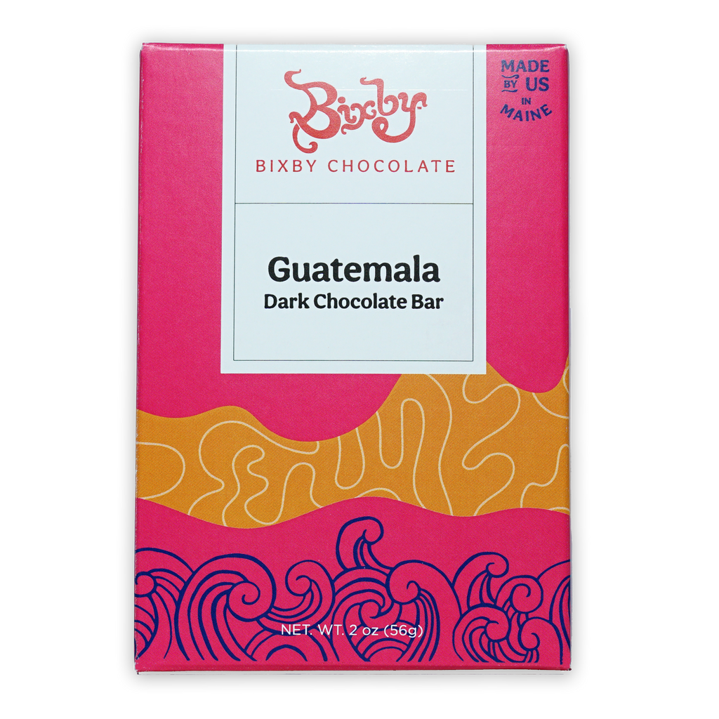 Bixby Dark Chocolate Guatemala 70% bar in vibrant pink orange package